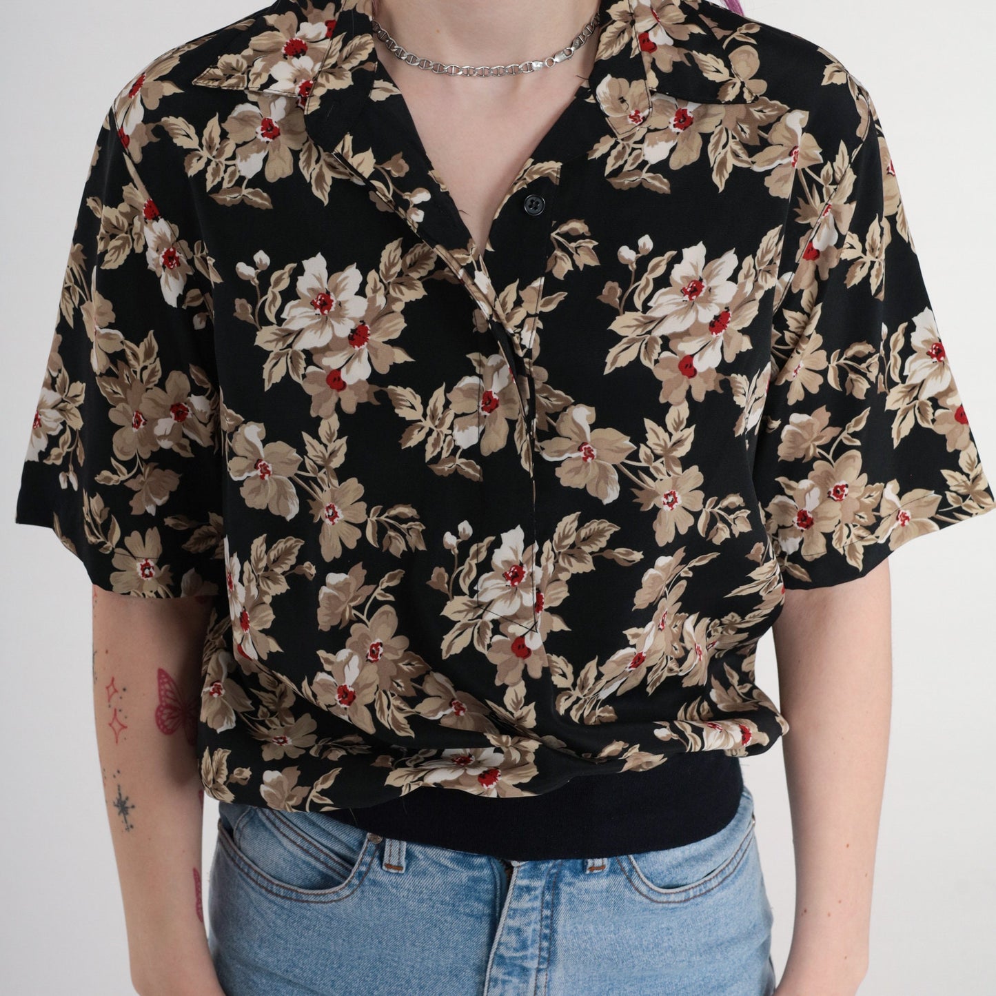 80s Alfred Dunner Floral Button-Up Blouse Black Banded Hem Medium
