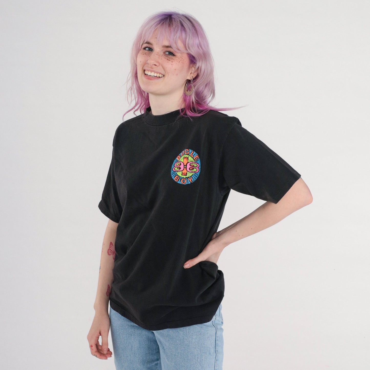 90s Bugle Boy Neon Spellout Graphic T-Shirt Black Cotton Medium