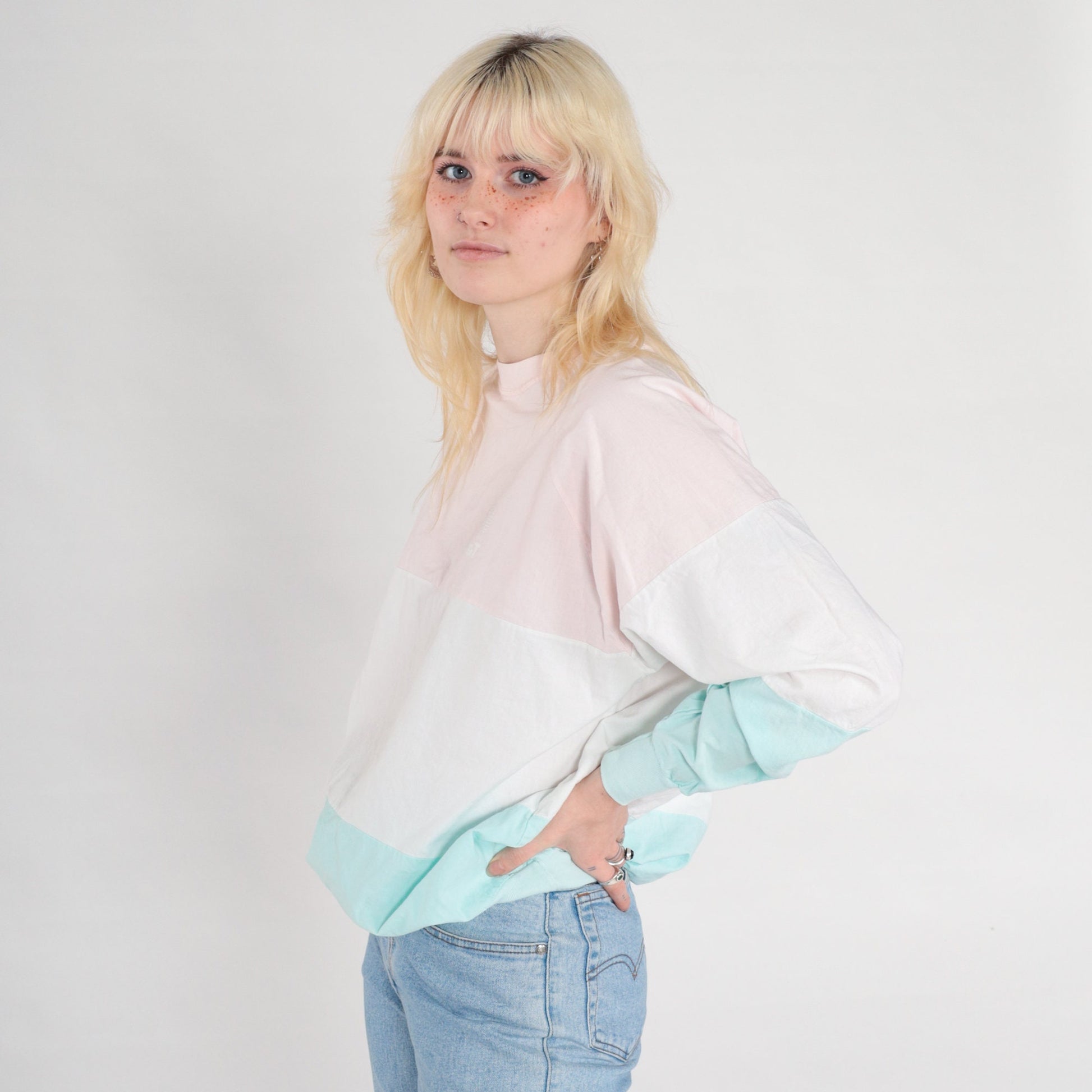 80s AT&T Color Block Long Sleeve Shirt Pink Aqua Crewneck Medium