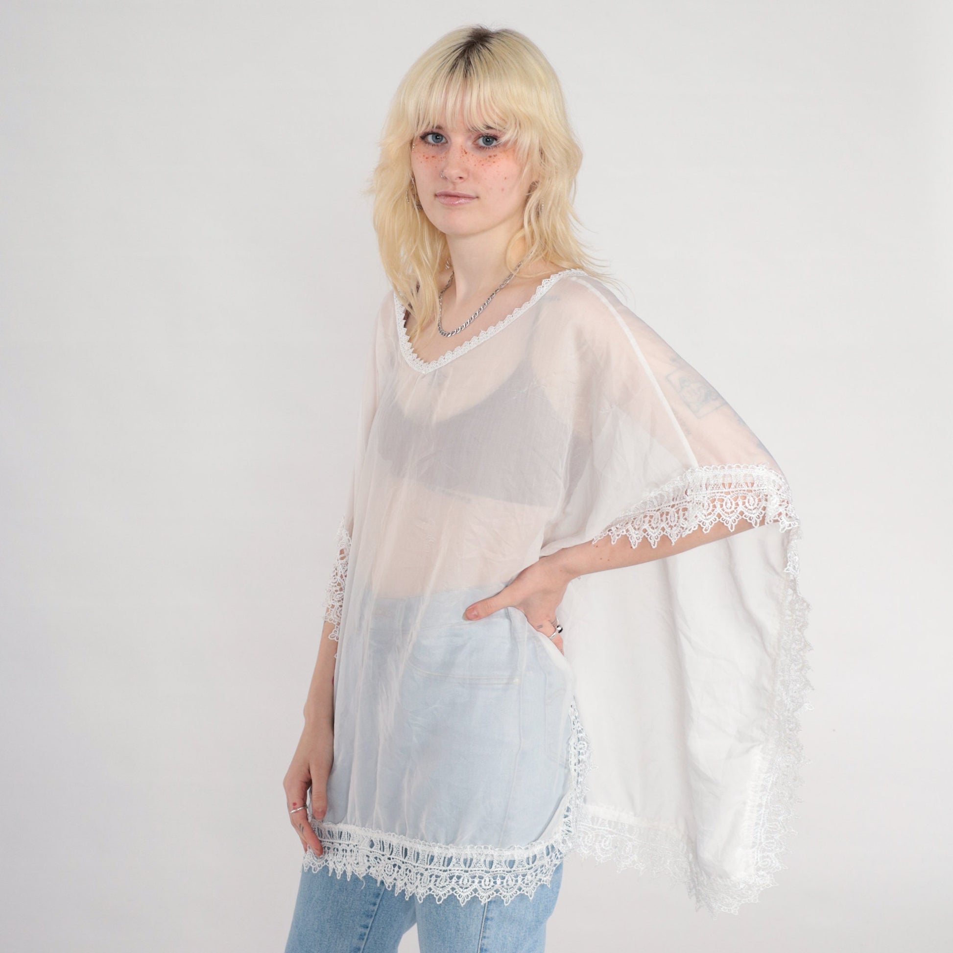 90s White Lace Poncho Top Sheer Crochet Cape Blouse One Size