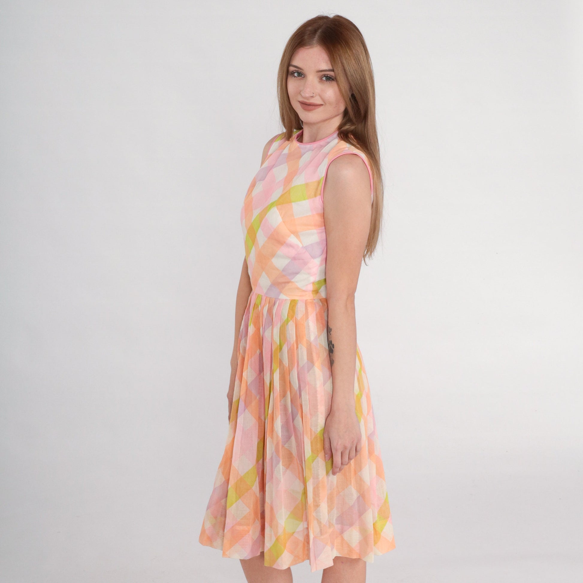 1960s Checkered A-Line Sundress High Waist Sleeveless Pink Orange Green Mini Extra Small