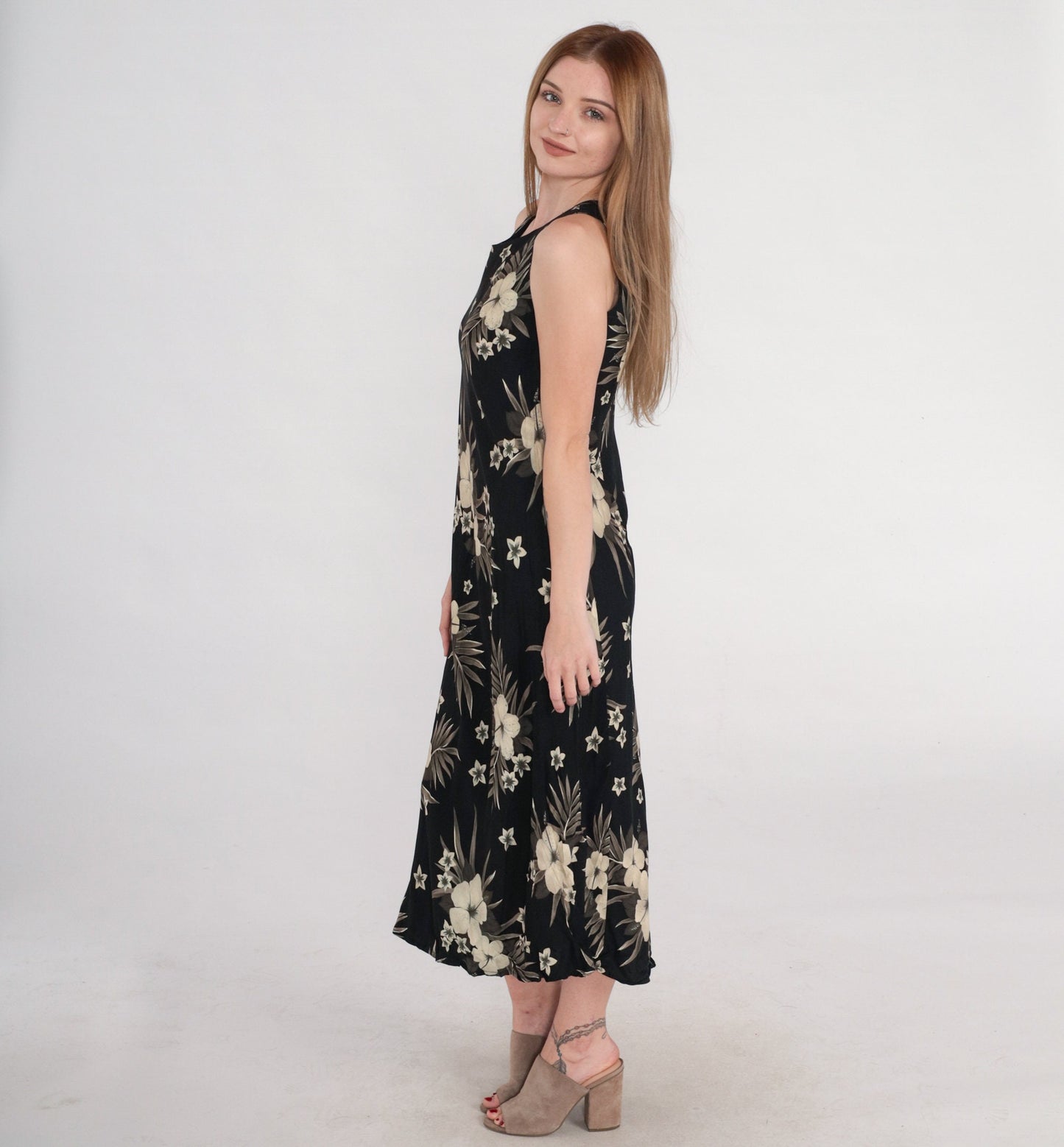 90s Black Tropical Floral Midi Dress Sleeveless Keyhole Back Small