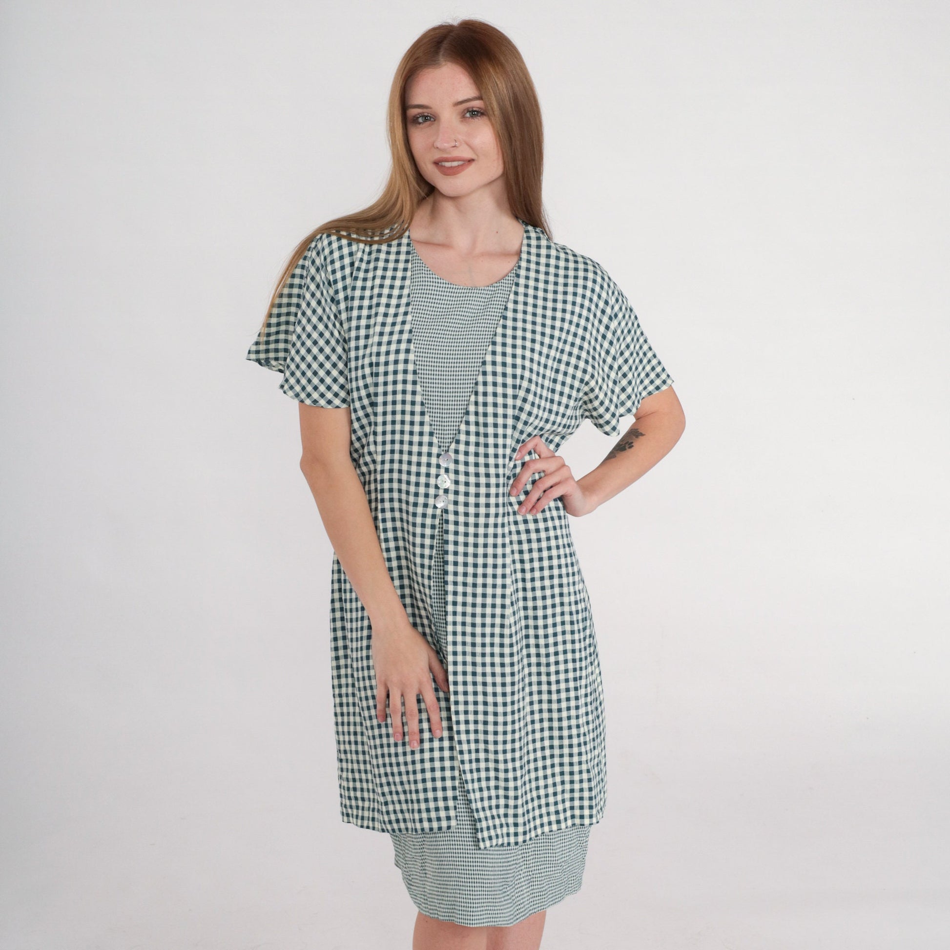 90s Teal White Gingham Mini Shift Dress Button-Up Short Sleeve Medium