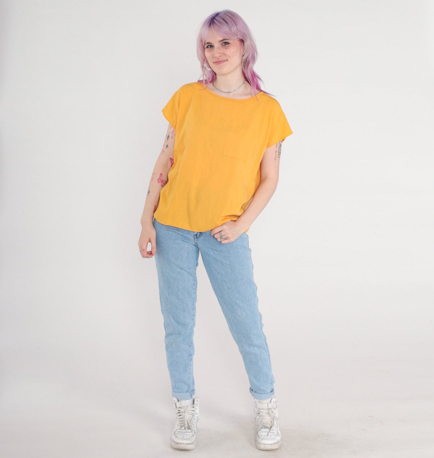 90s Mustard Yellow Cap Sleeve Blouse Pocket Top Medium