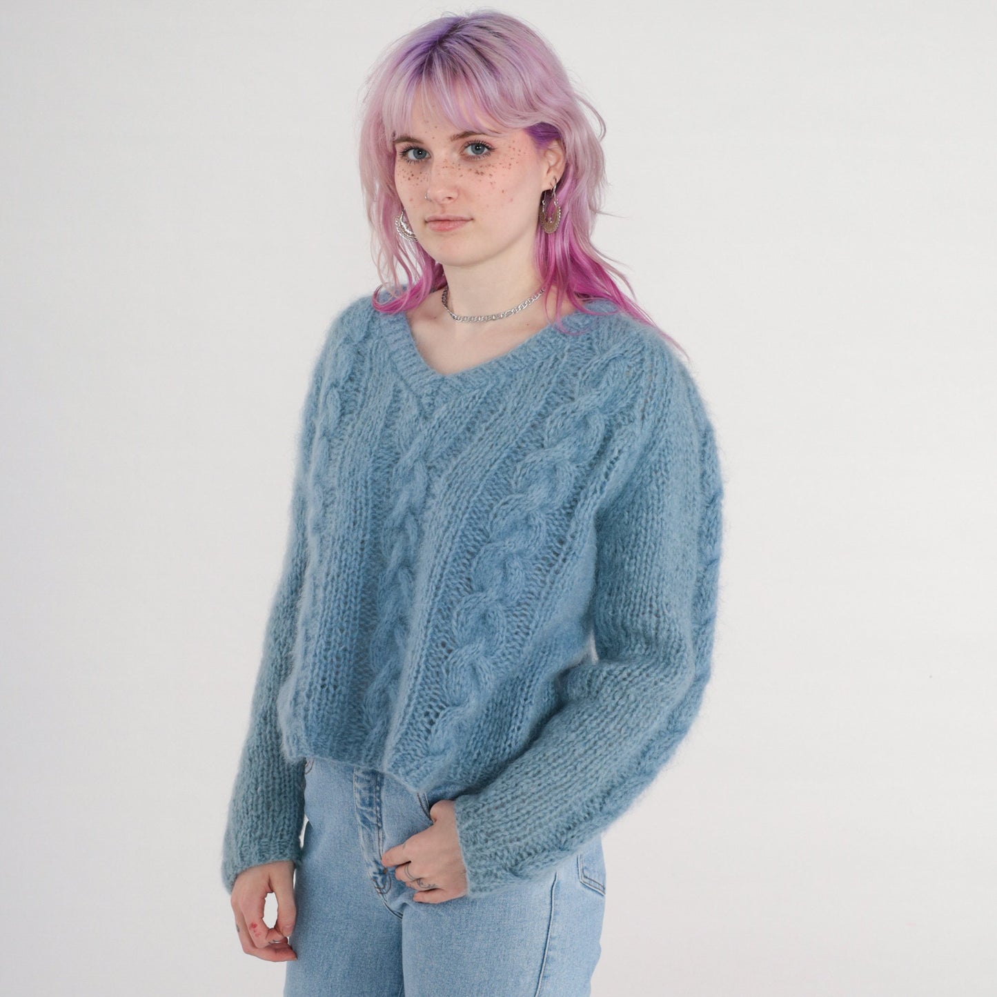 80s Blue Mohair Cable Knit V-Neck Sweater Open Weave Pullover Medium