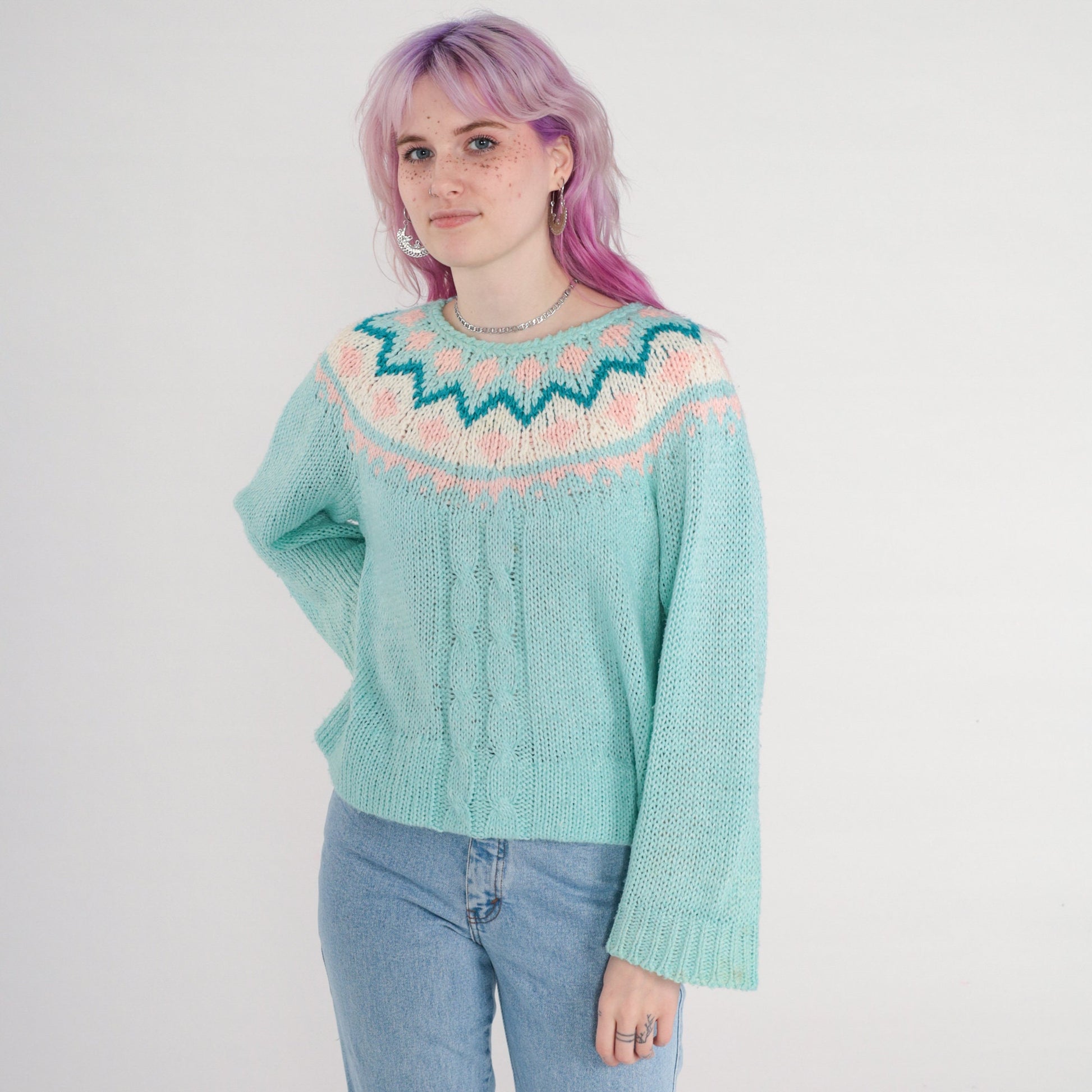 90s Hunters Glen Fair Isle Cable Knit Sweater Blue Pastel Large L