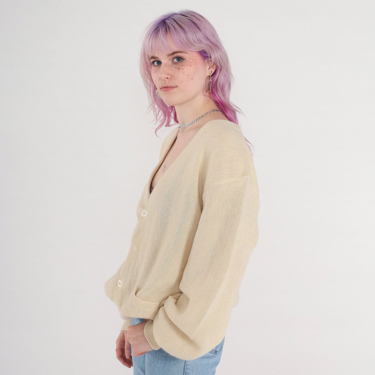 80s Alpaca Wool Cardigan Cream Button-Up Knit Sweater Men's Large L