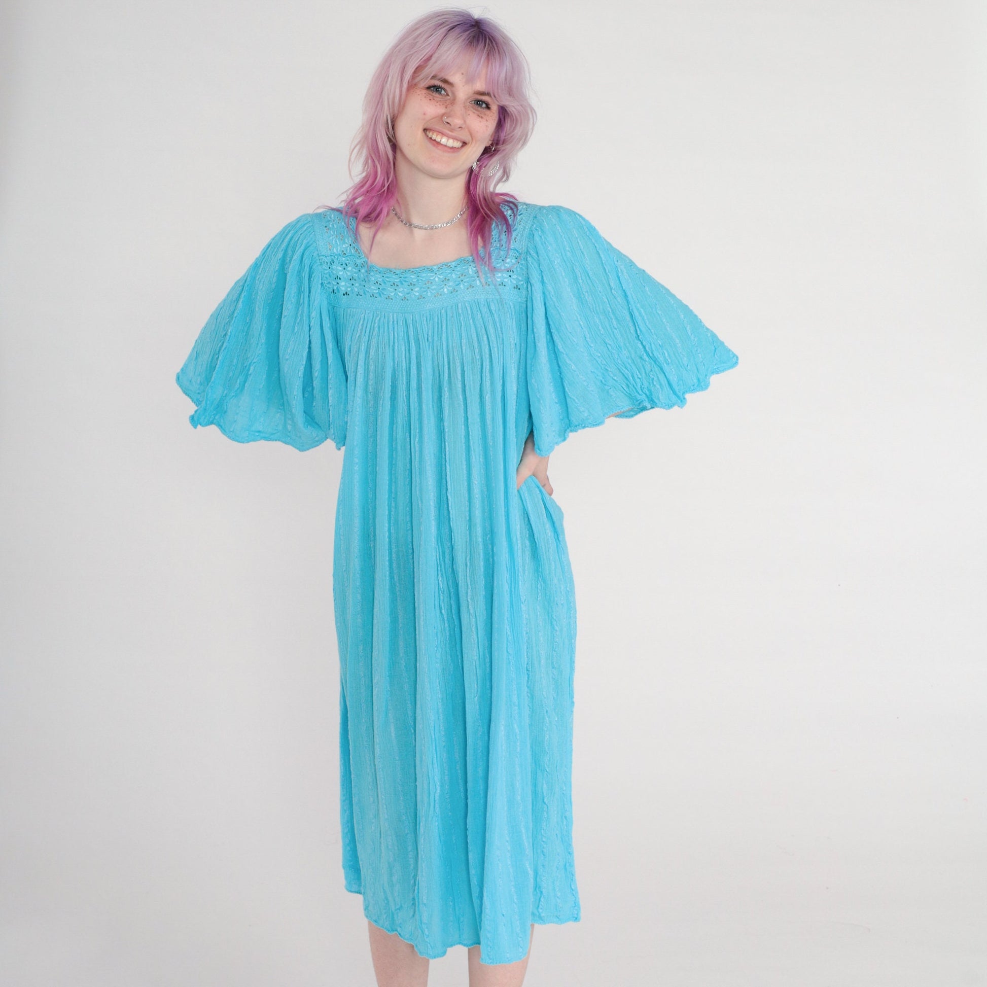 80s Blue Cotton Gauze Midi Dress Embroidered Cutout Flutter Sleeve Medium Large