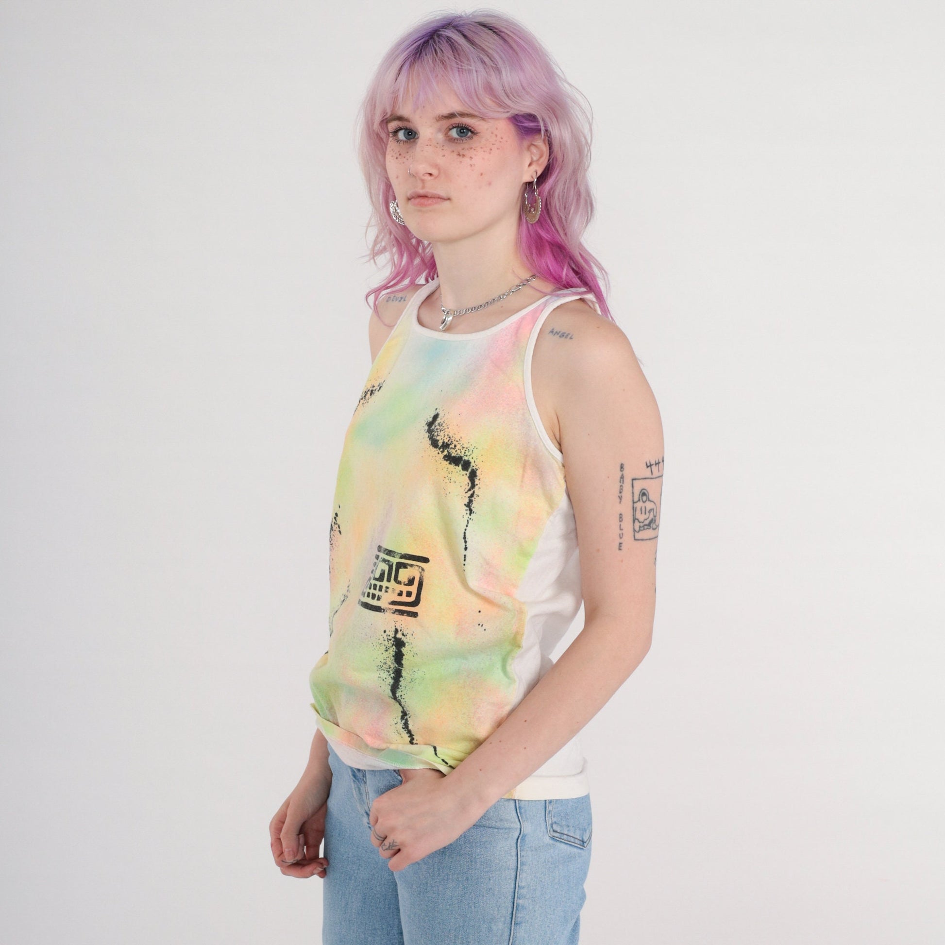 90s Airbrushed Neon Geometric Tank Top White Orange Green Small S