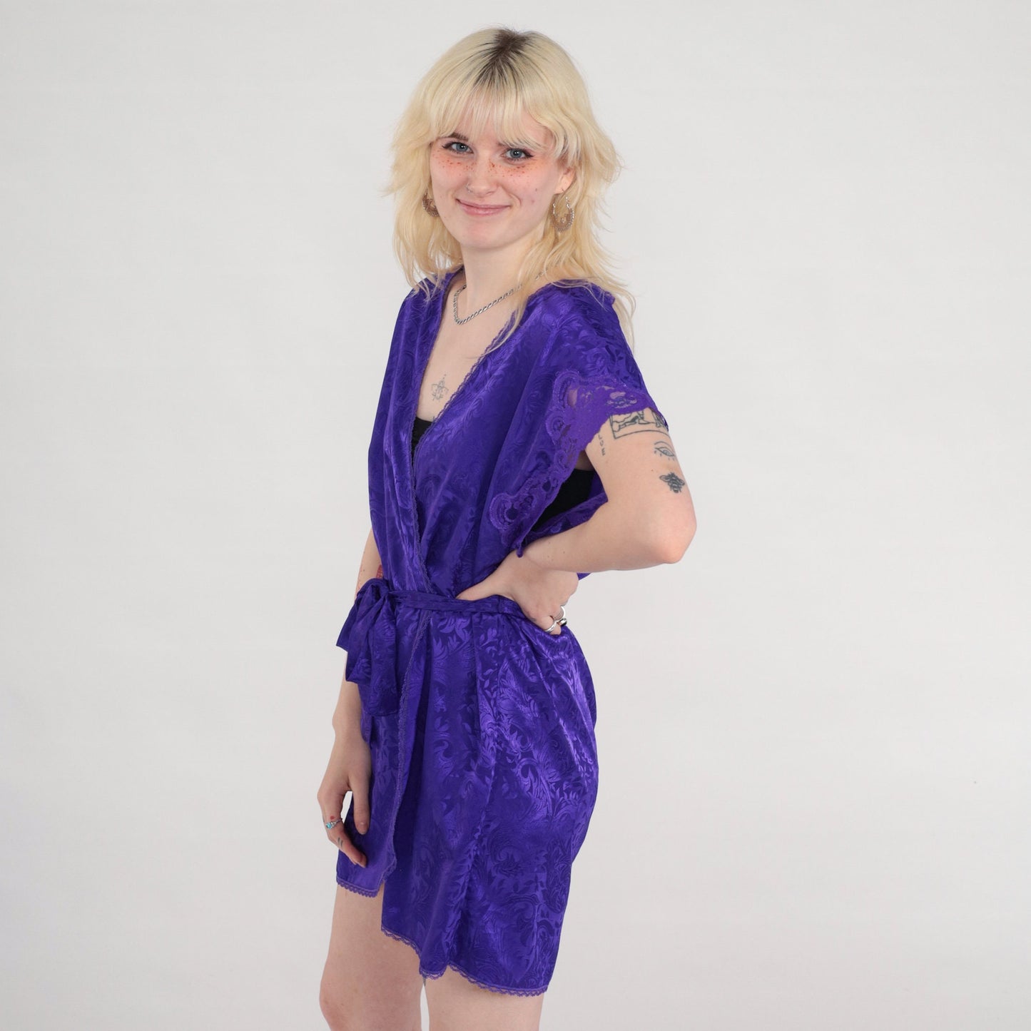 90s Purple Embossed Lingerie Robe Cap Sleeve Wrap Belted Mini Small S