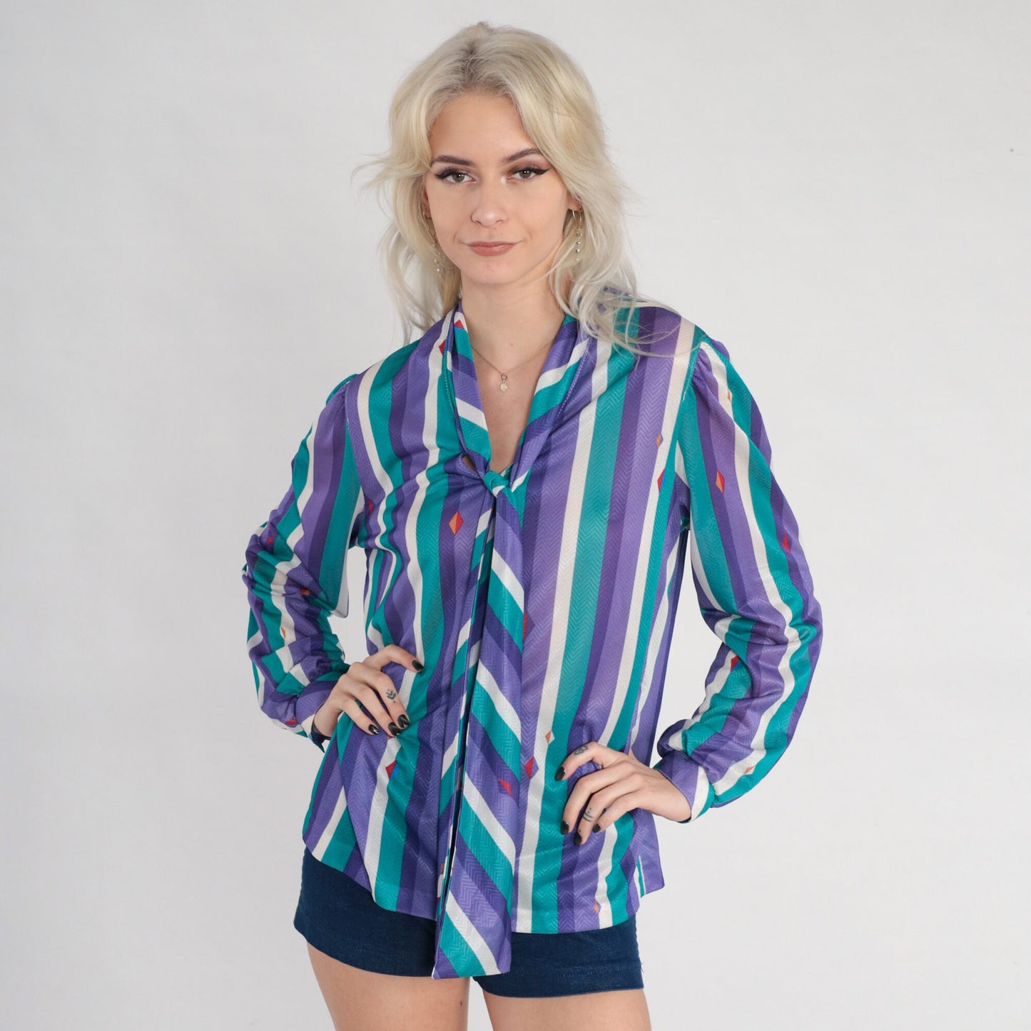 70s Striped Necktie Blouse Purple Green White Diamond Print Button Up Medium
