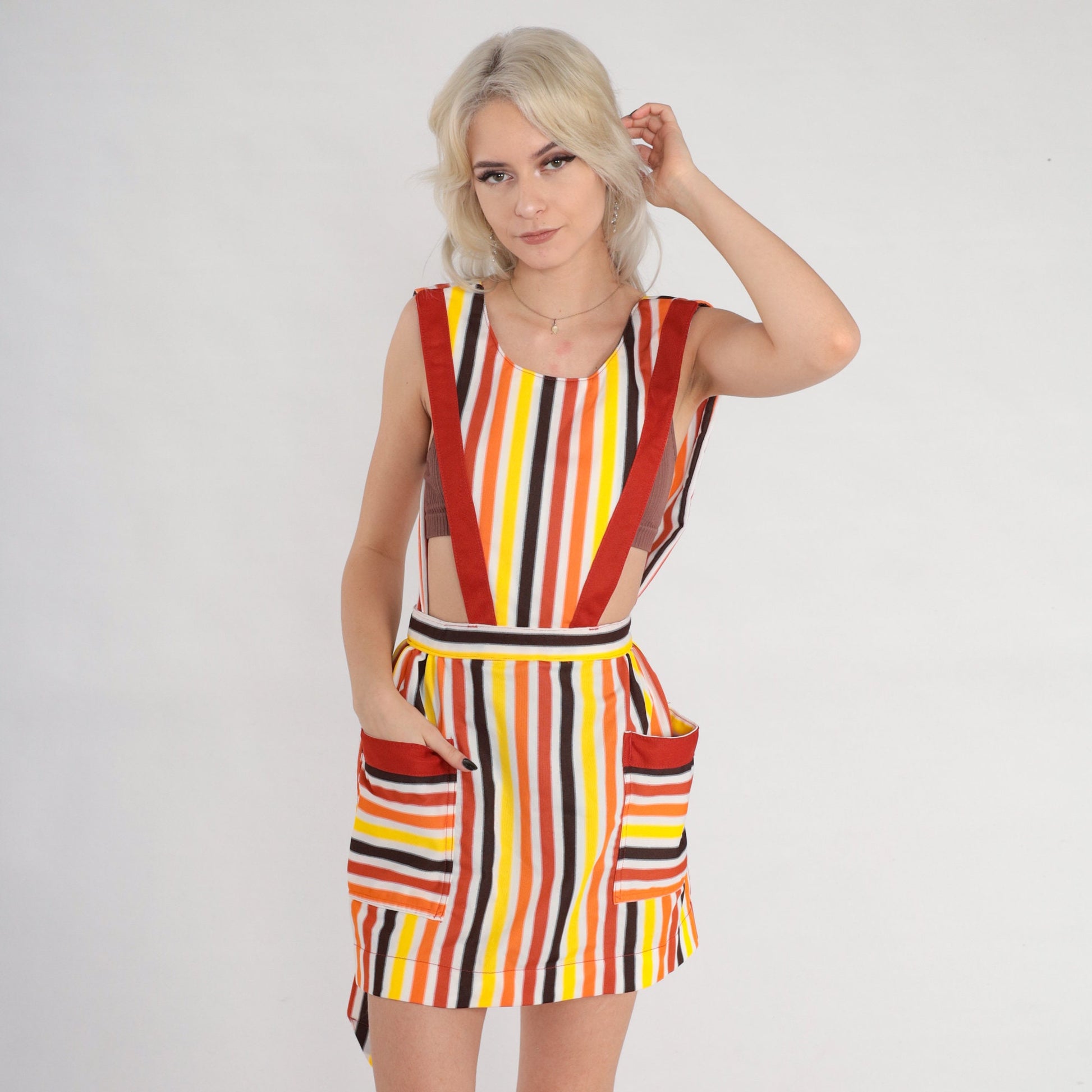 70s Striped Apron Dress Open Back Pinafore Mini XS Multicolor
