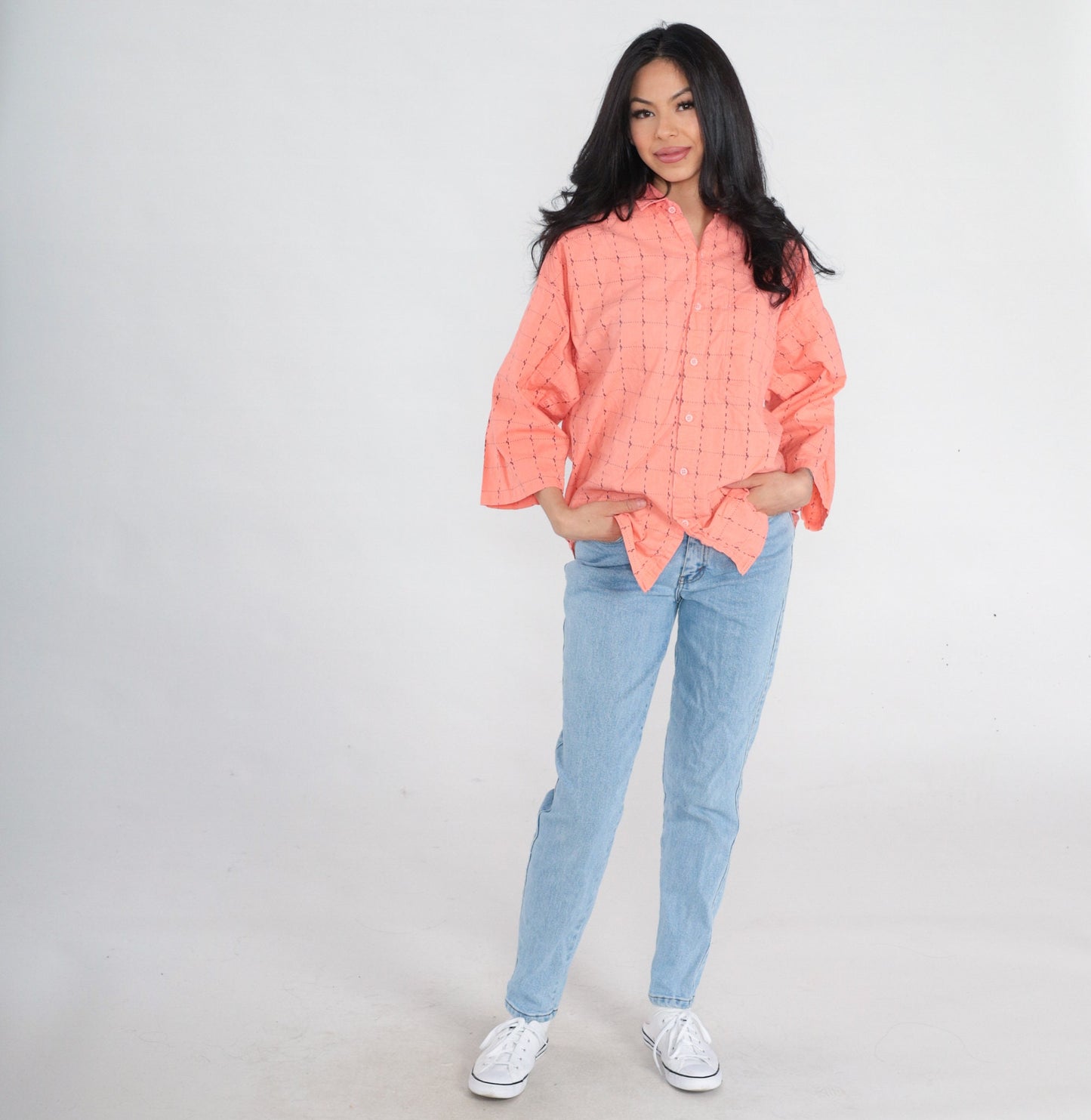 90s Peach Pink Checkered Cotton Button-Up Shirt 3/4 Sleeve Medium