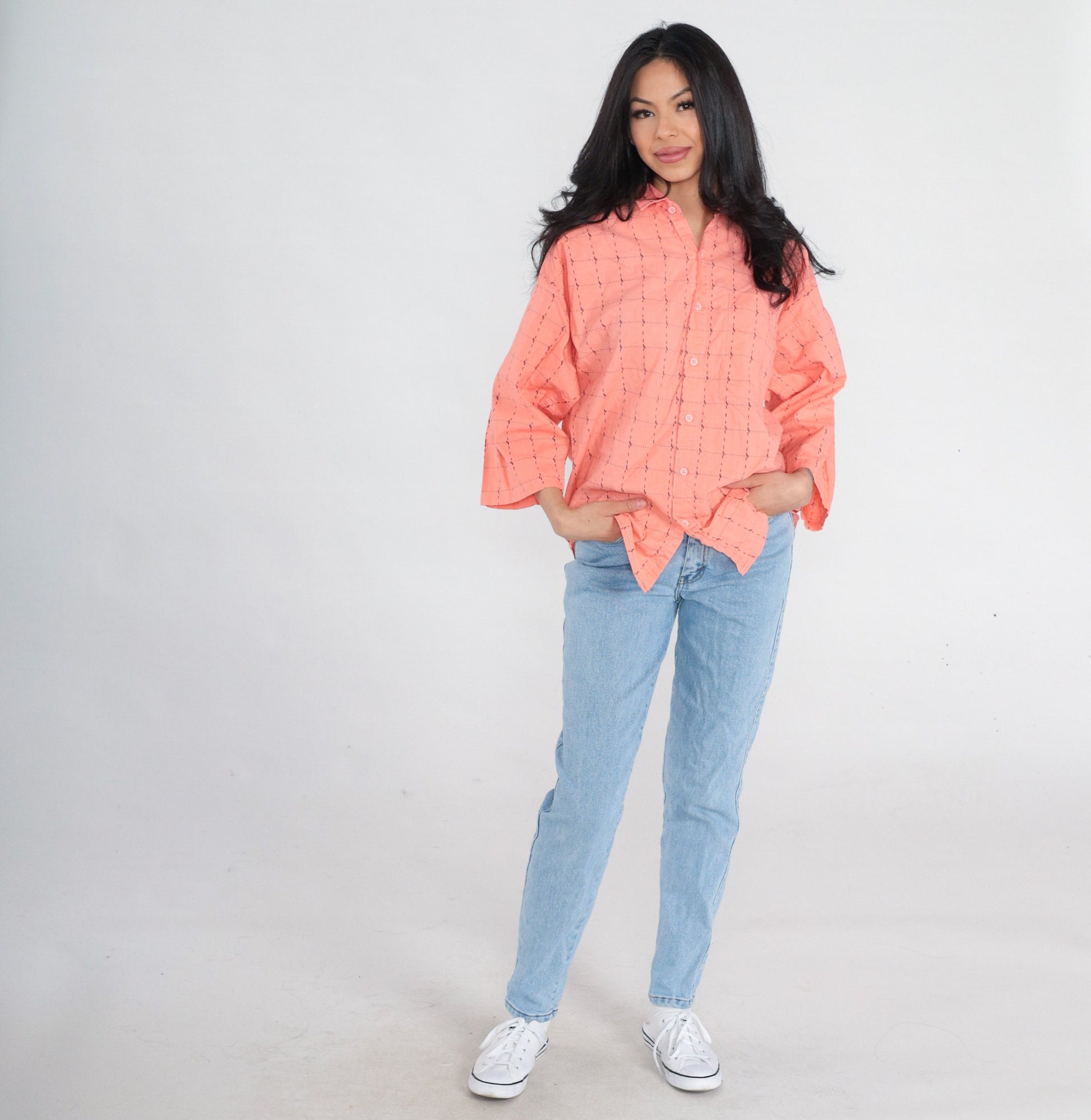 90s Peach Pink Checkered Cotton Button-Up Shirt 3/4 Sleeve Medium