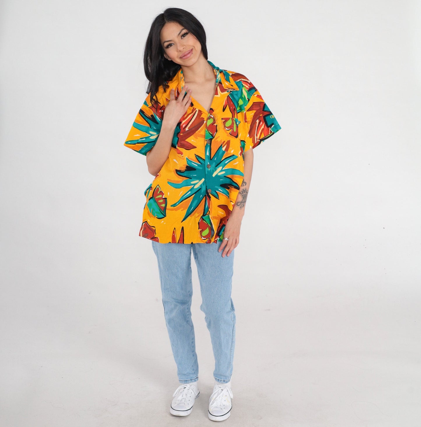 90s Yellow Tropical Leaf Print Button-Up Shirt Men's Extra Large