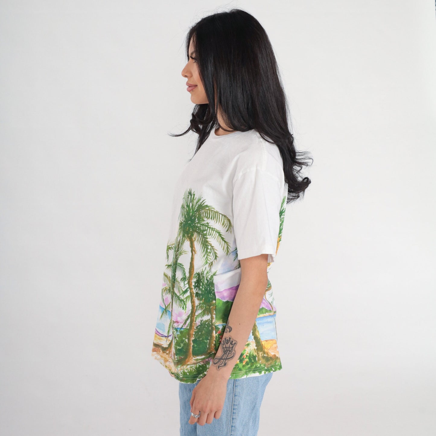 90s Beach Graphic T-Shirt Palm Tree Hammock Island White Cotton Medium
