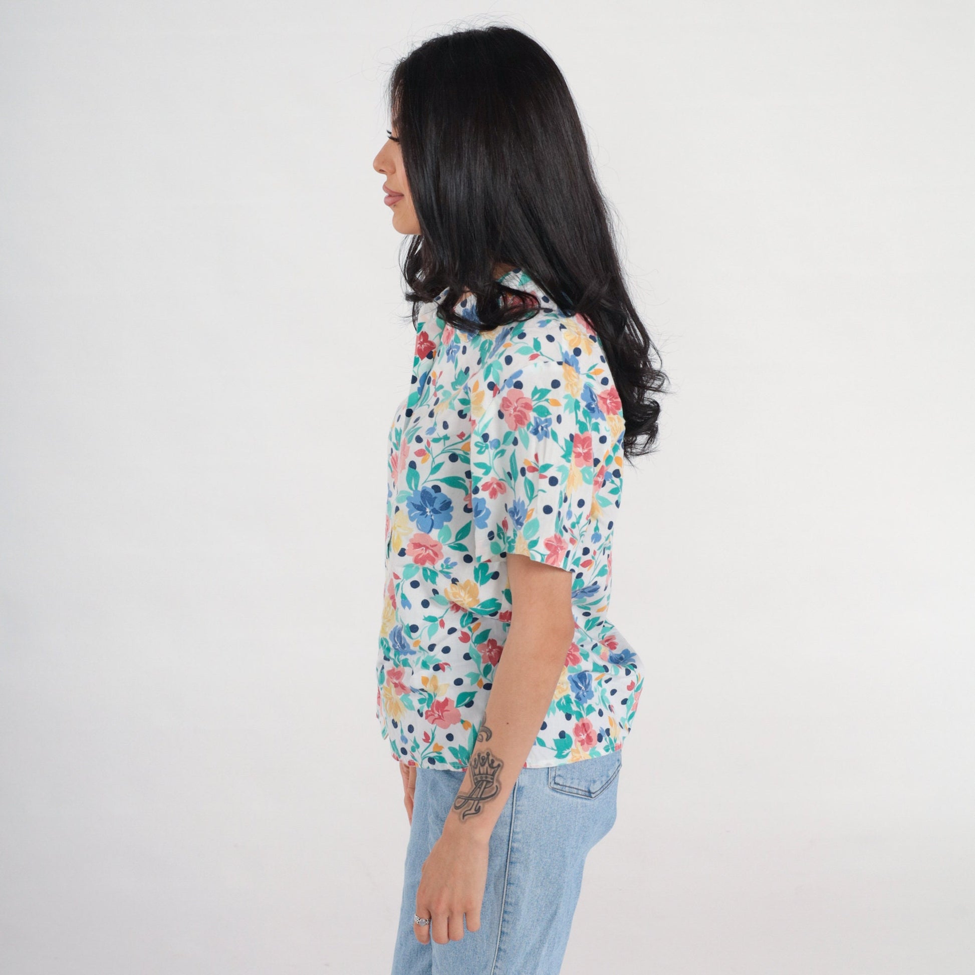 80s Floral Polka Dot Button-Up Blouse White Short Sleeve Medium M