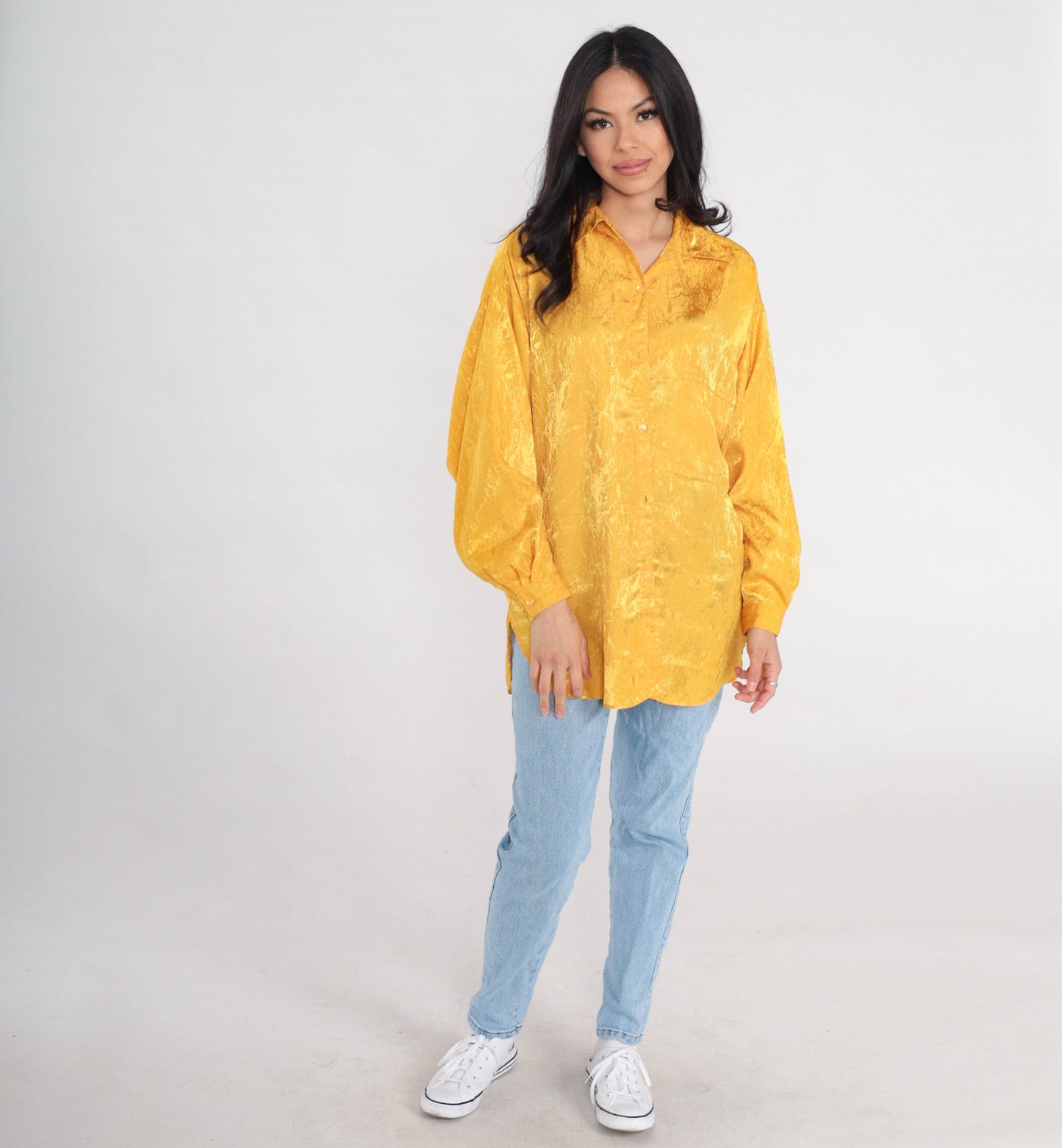 80s Yellow Embossed Abstract Button-Up Blouse Long Sleeve Collared Large L