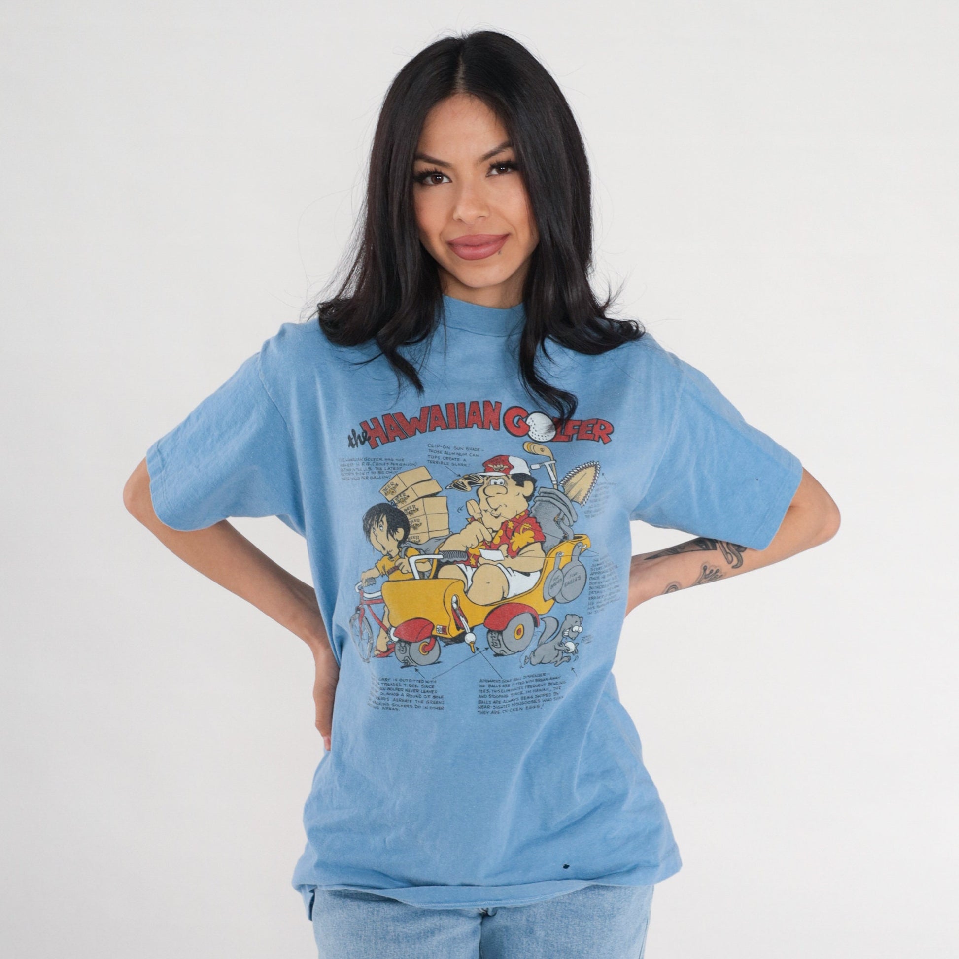 90s Hawaiian Golfer Graphic T-Shirt Blue Funny Sports Joke Tee Medium