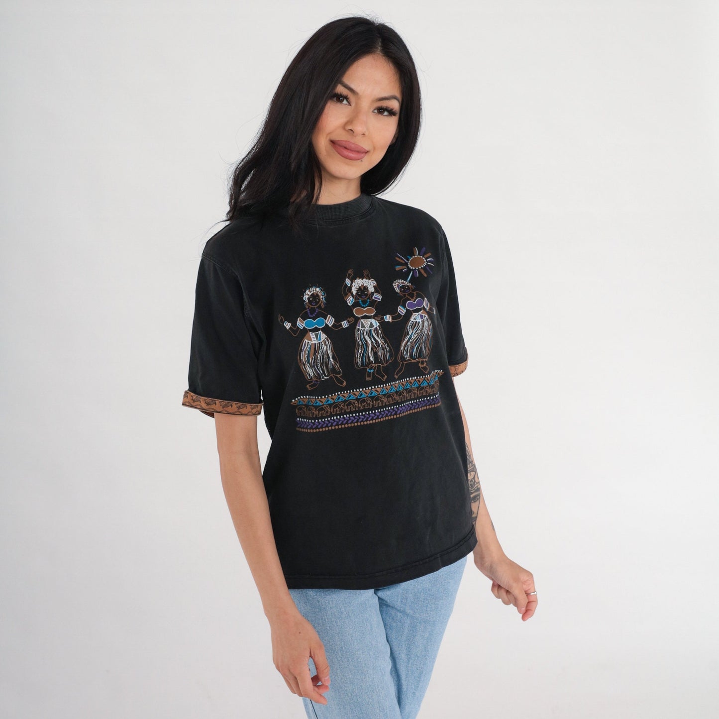 90s Hawaii Hula Dancer Graphic T-Shirt Black Cotton Cuffed Sleeve Medium M