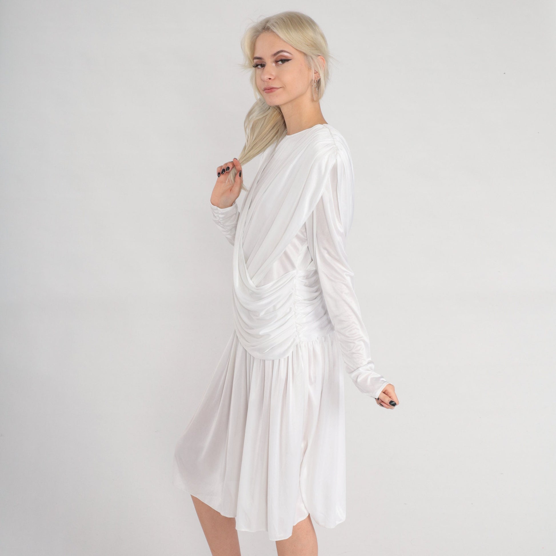 80s White Draped Midi Dress Long Sleeve Grecian Formal Small