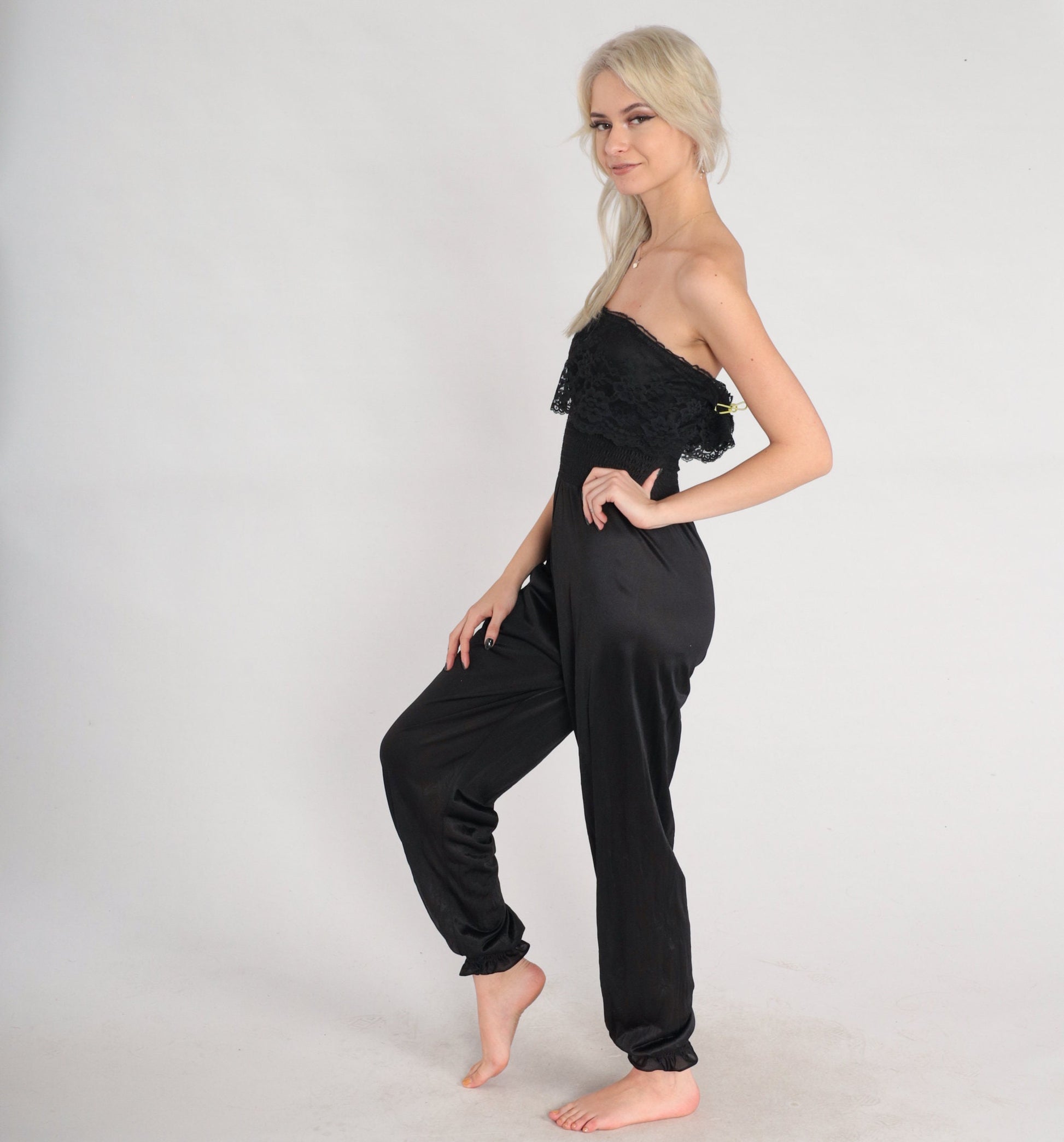 80s Black Strapless Lingerie Jumpsuit Lace Trim High Waist Nylon Medium Large