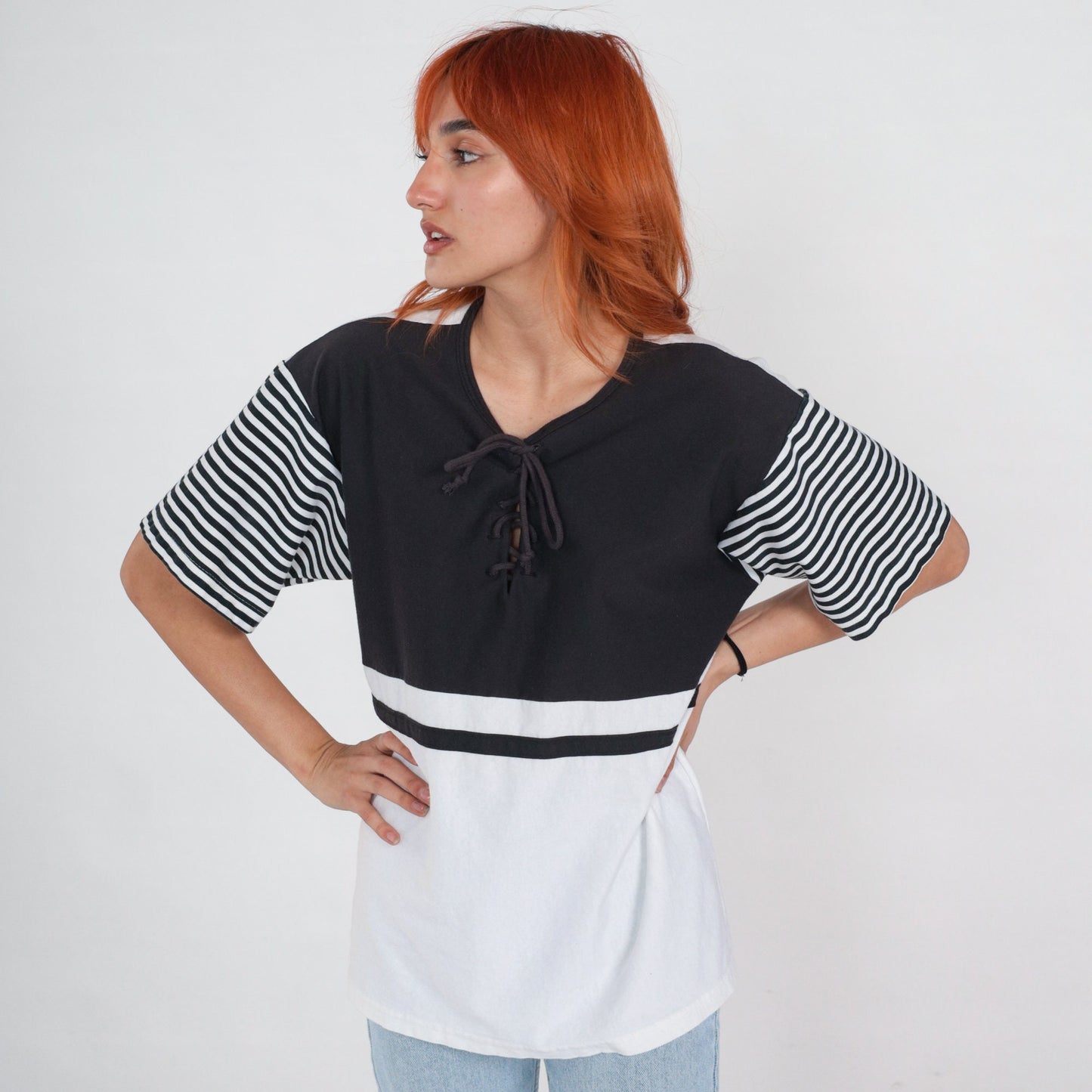 90s Black White Striped T-Shirt Lace-Up Corset Neckline Extra Large