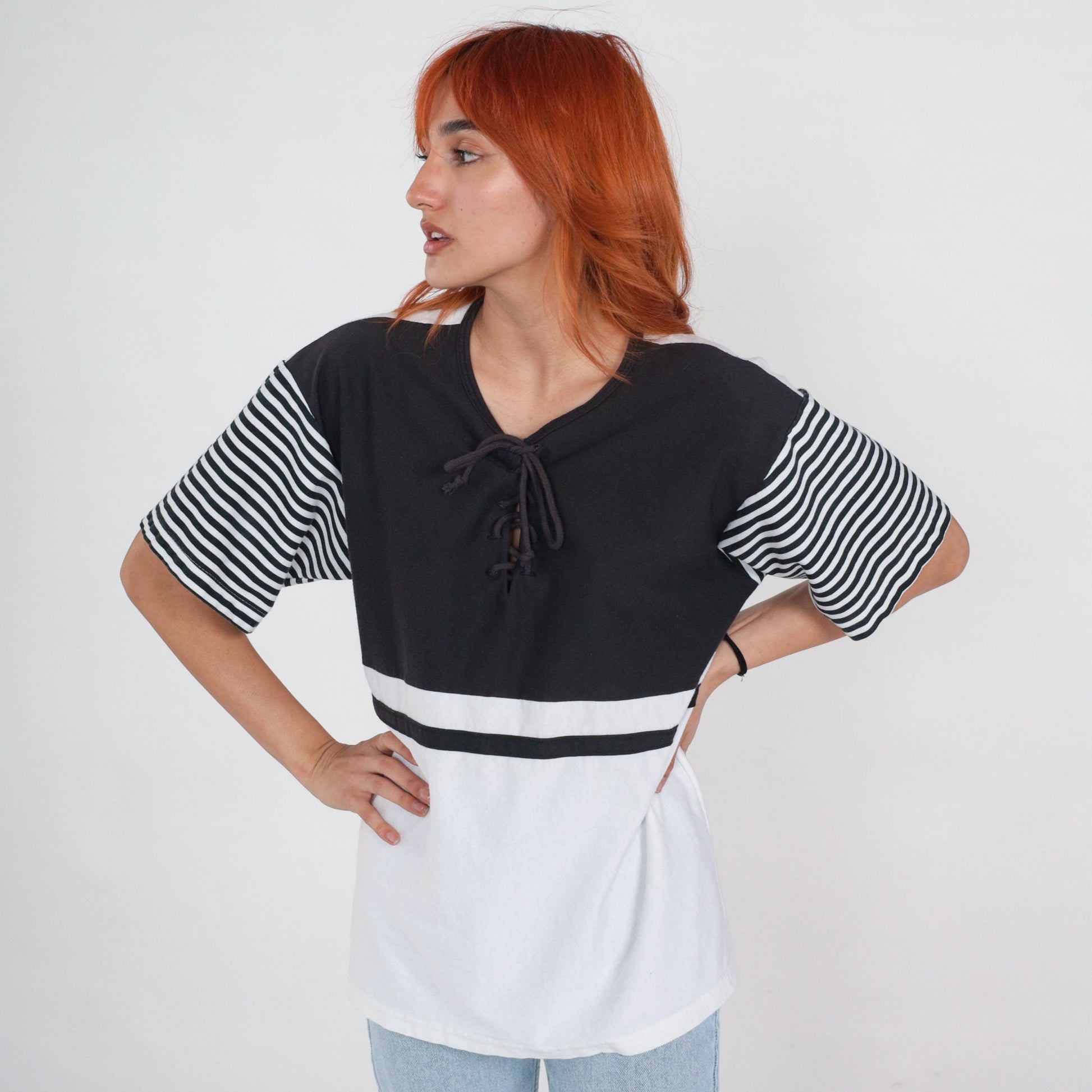 90s Black White Striped T-Shirt Lace-Up Corset Neckline Extra Large
