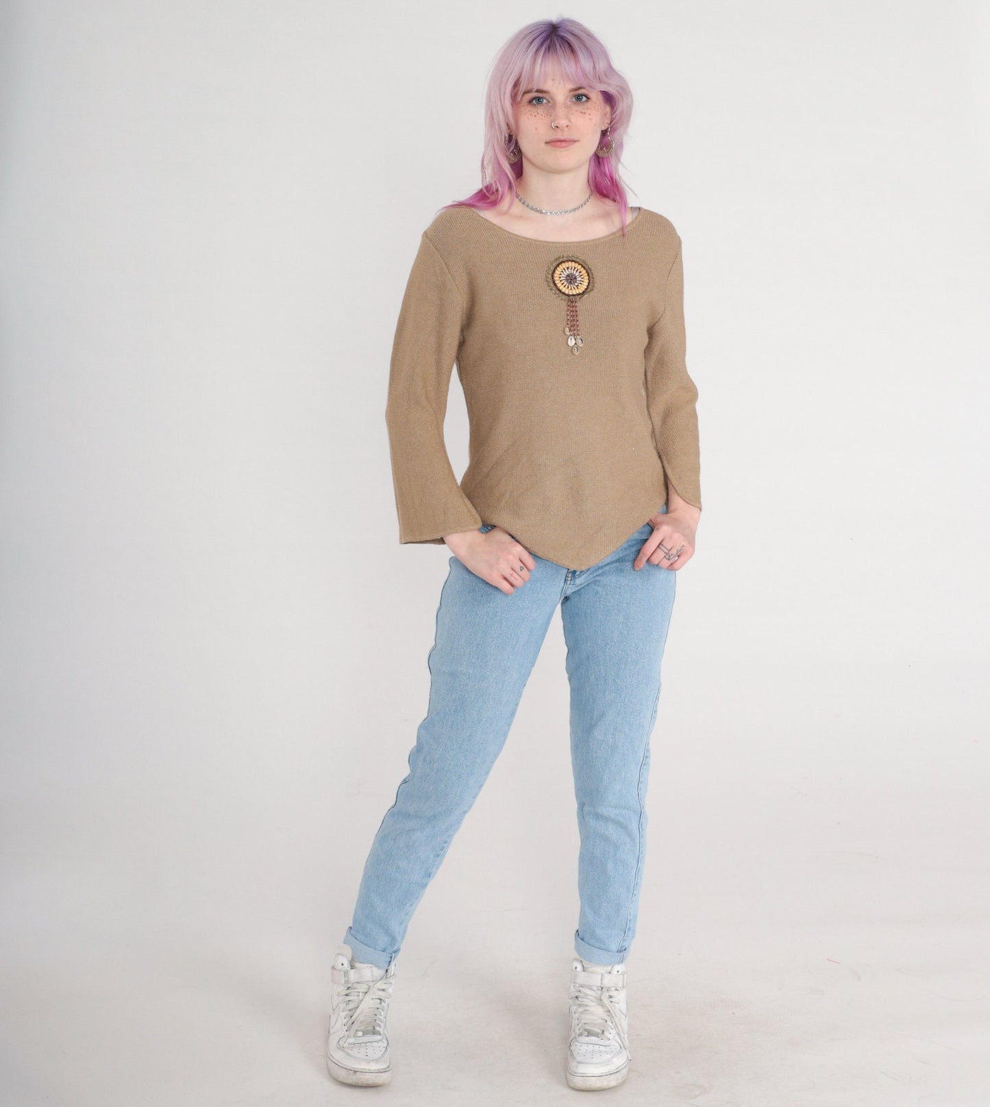 90s Taupe Knit Sweater Beaded Seashell Fringe Bell Sleeve Small