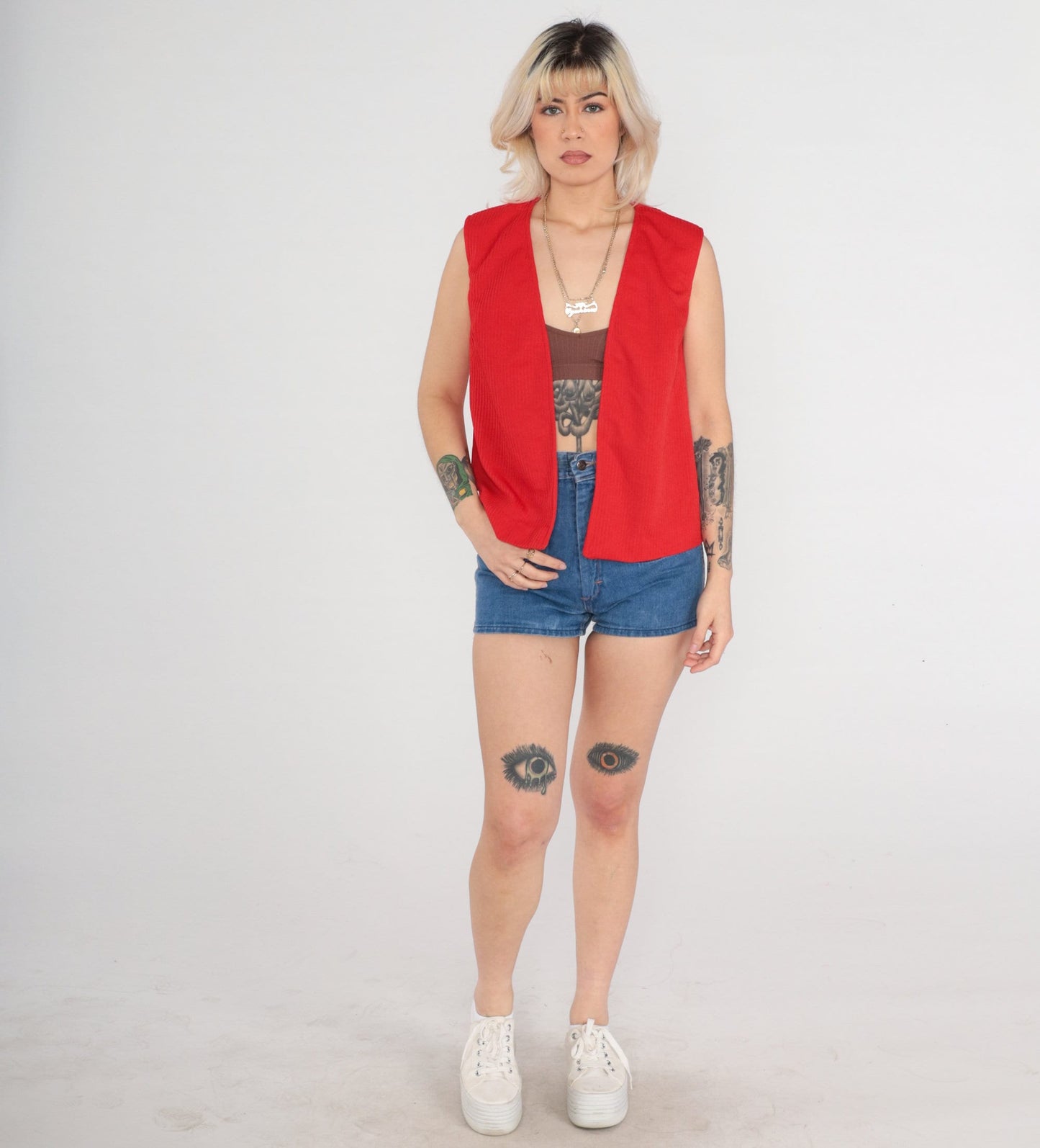70s Red Sleeveless Vest Open Front Polyester Knit Small