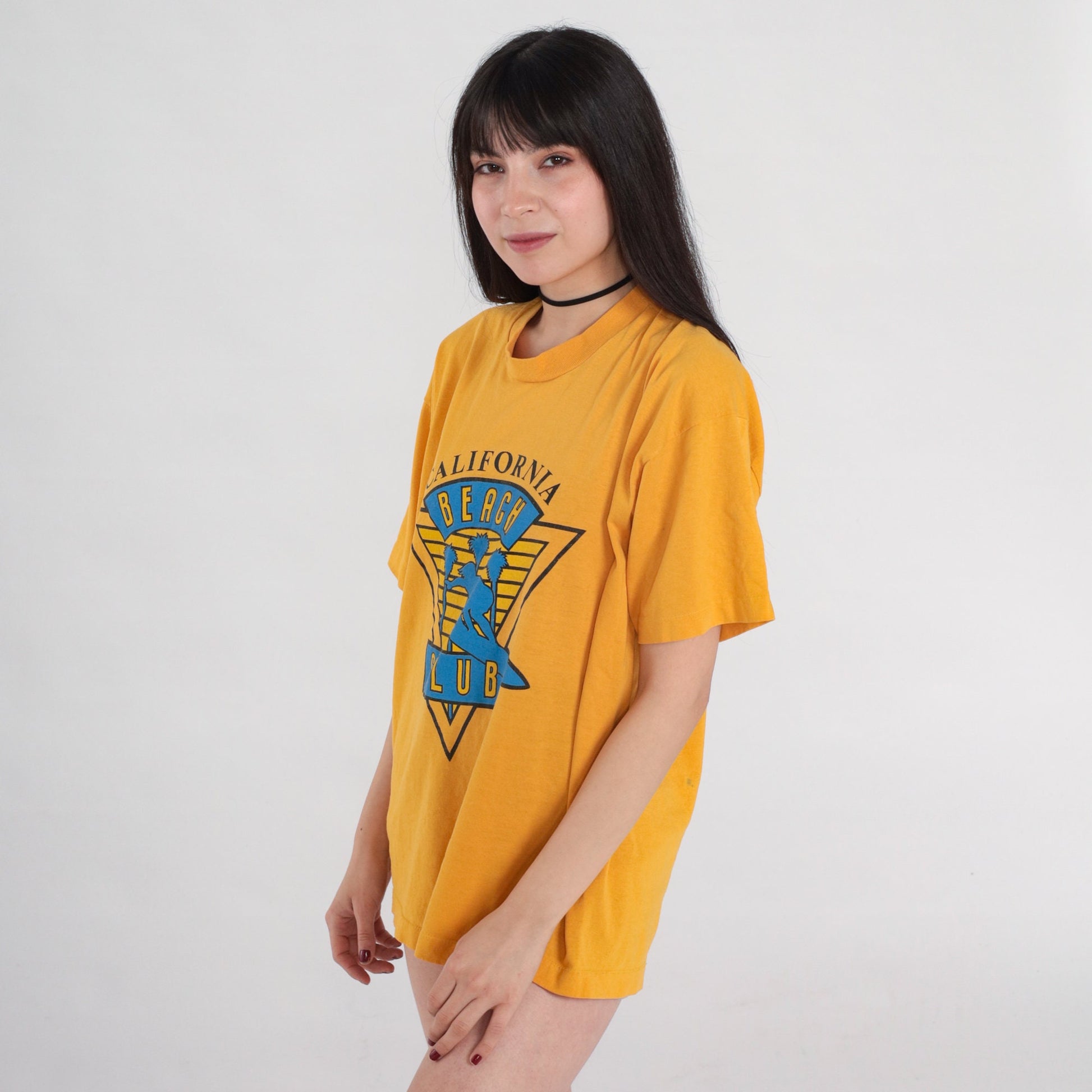 80s California Beach Club Graphic T-Shirt Yellow Single Stitch Large L