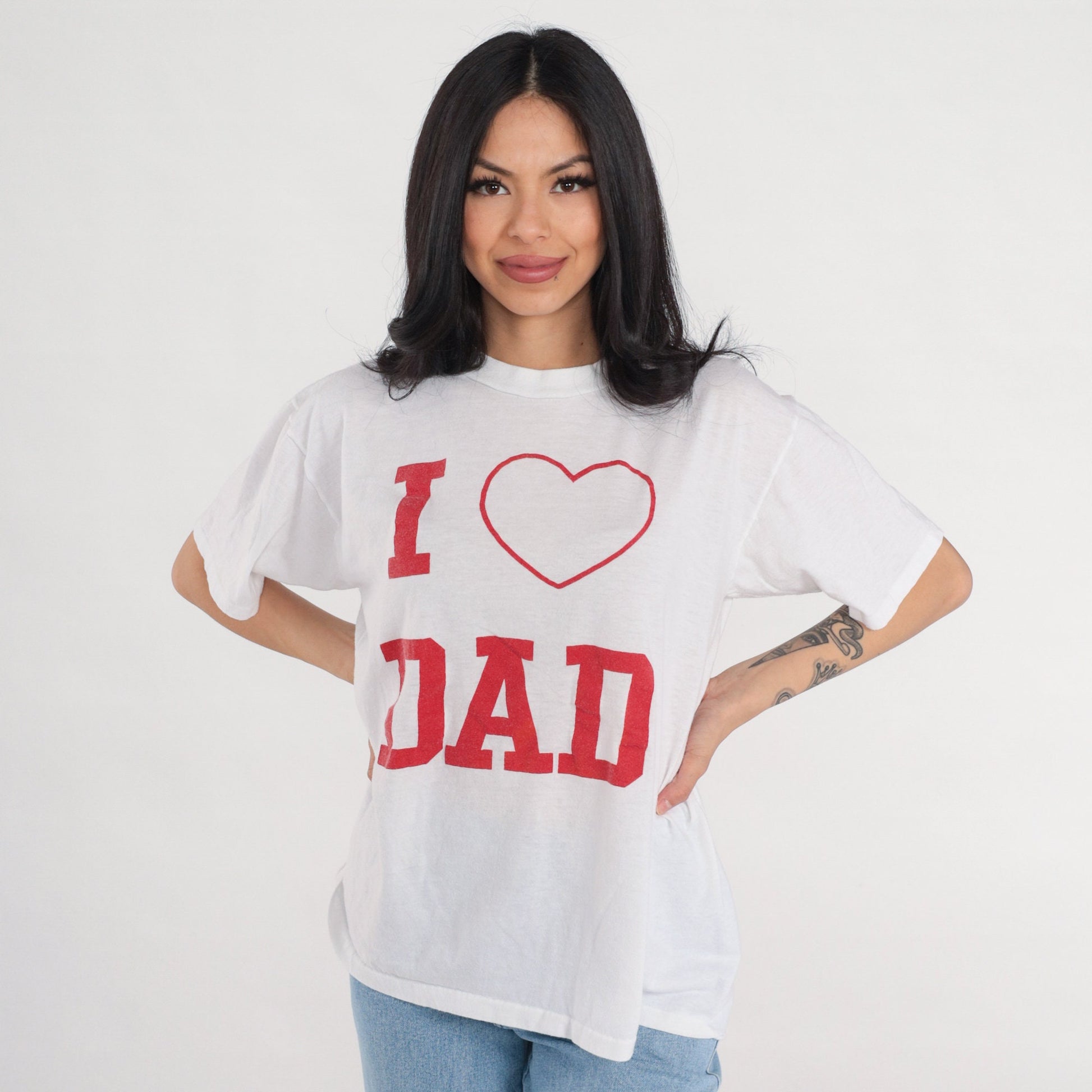 80s I Heart Dad Graphic T-Shirt White Cotton Tee Large L
