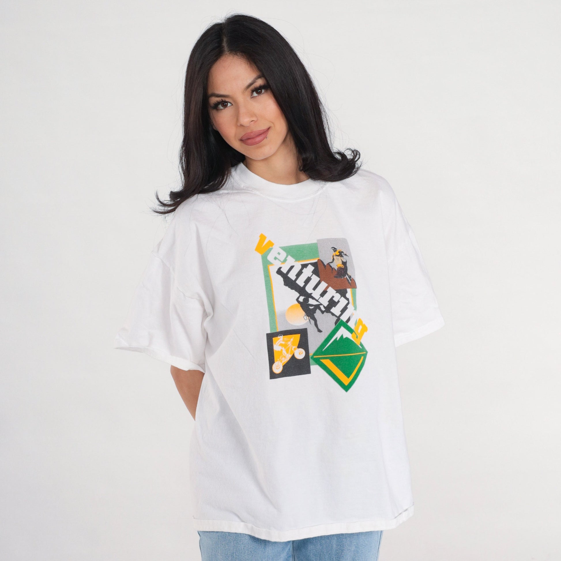90s Venturing Graphic T-Shirt Rock Climbing Mountain Biking White Cotton XL