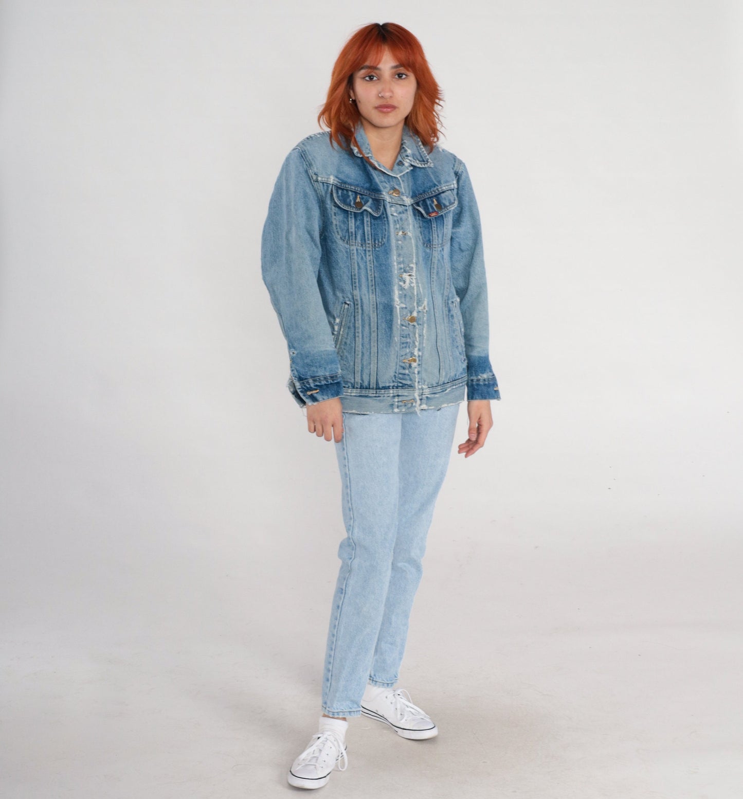 80s Lee Denim Jacket Distressed Ripped Blue Wash Trucker Small S
