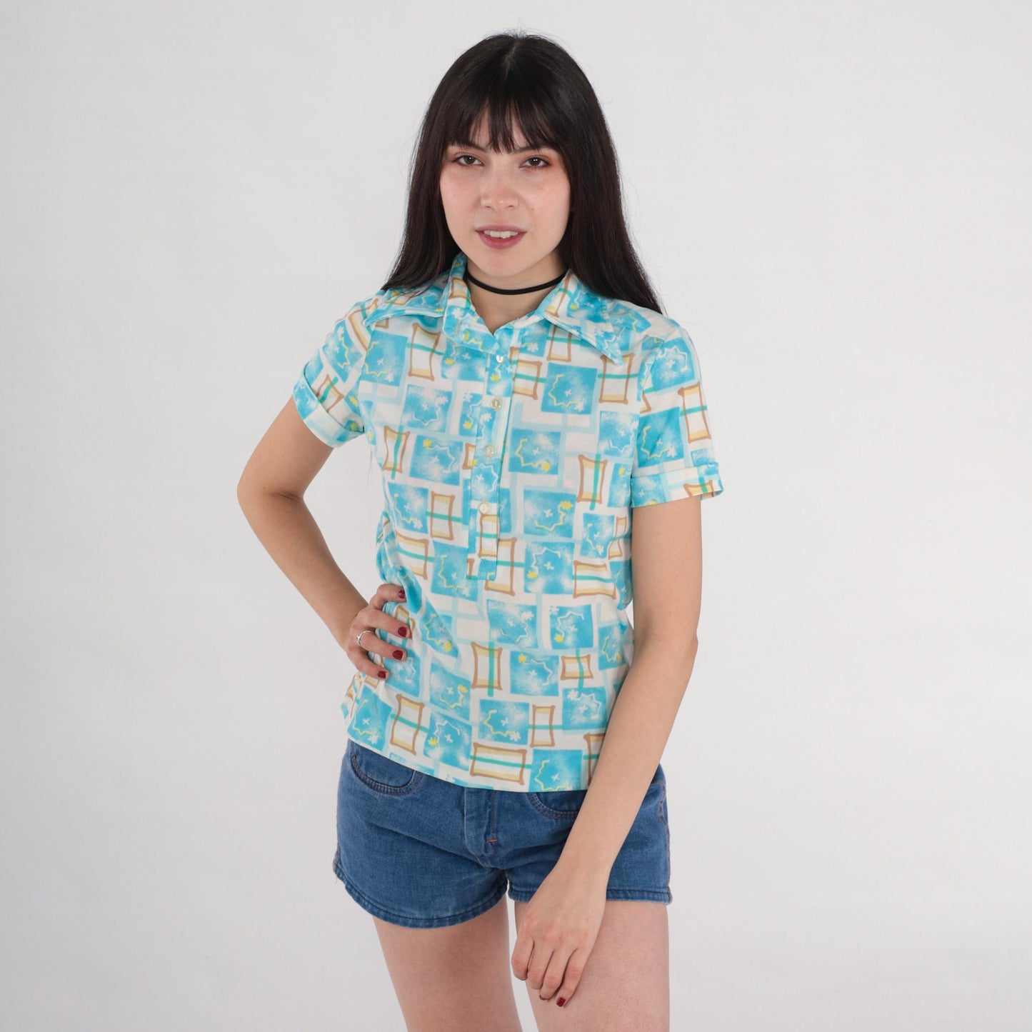 70s Checkered Abstract Print Shirt Pointed Collar White Blue Polo Small