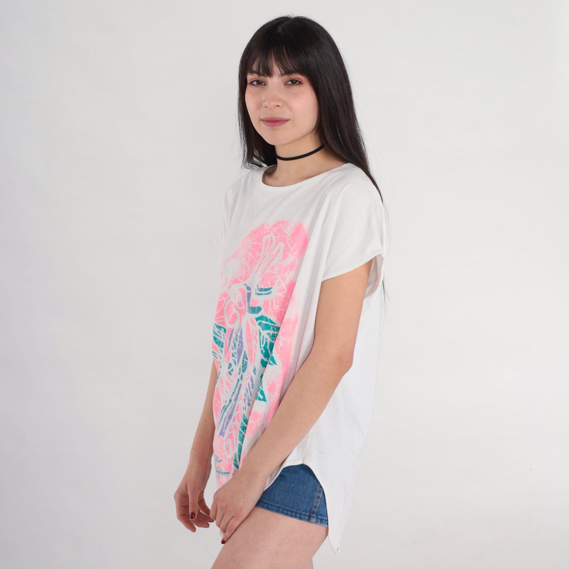 80s Ocean Pacific Tropical Bird T-Shirt Dress White Parrot Graphic Mini Small Medium