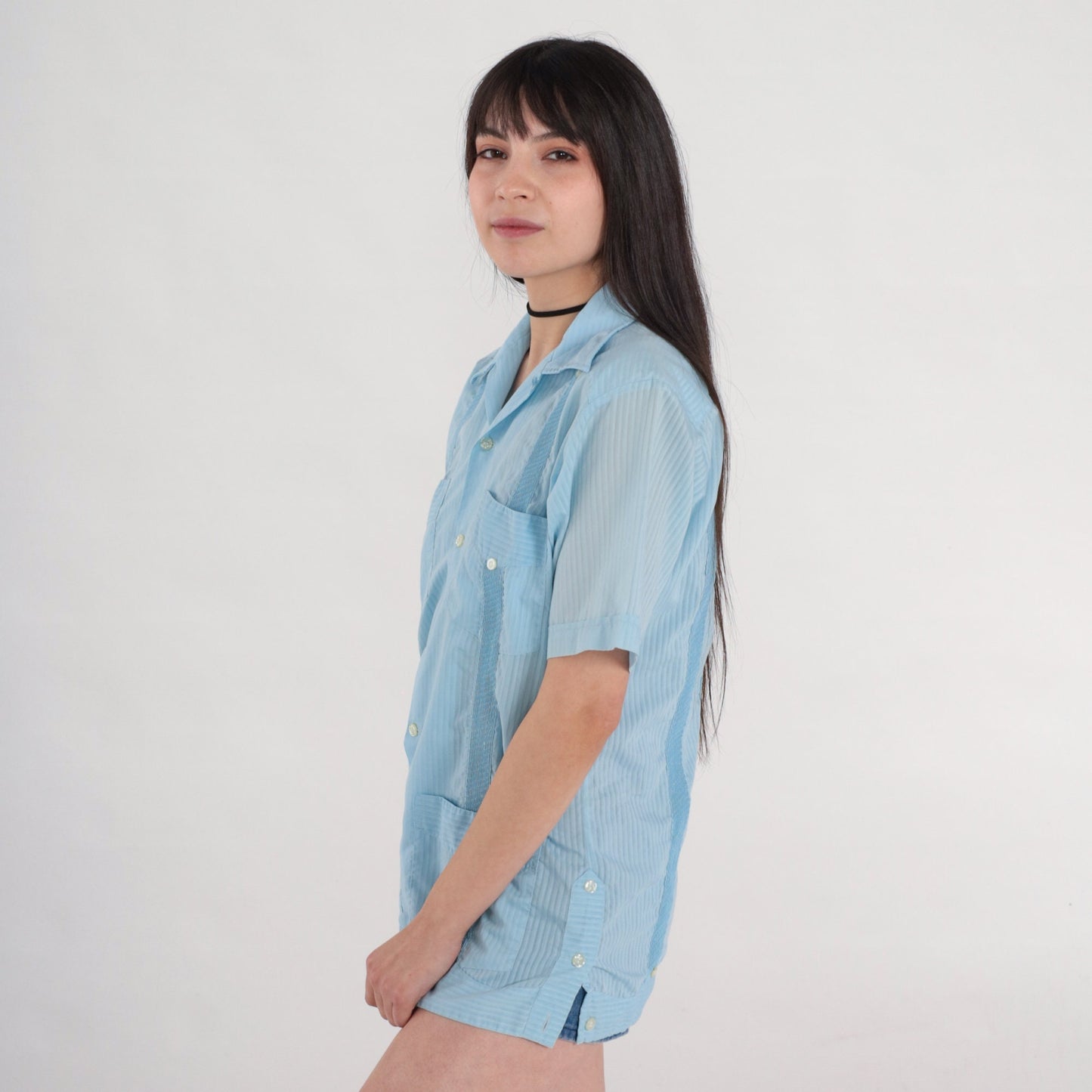 70s Blue Striped Button-Up Shirt Dagger Collar Short Sleeve Men's Small