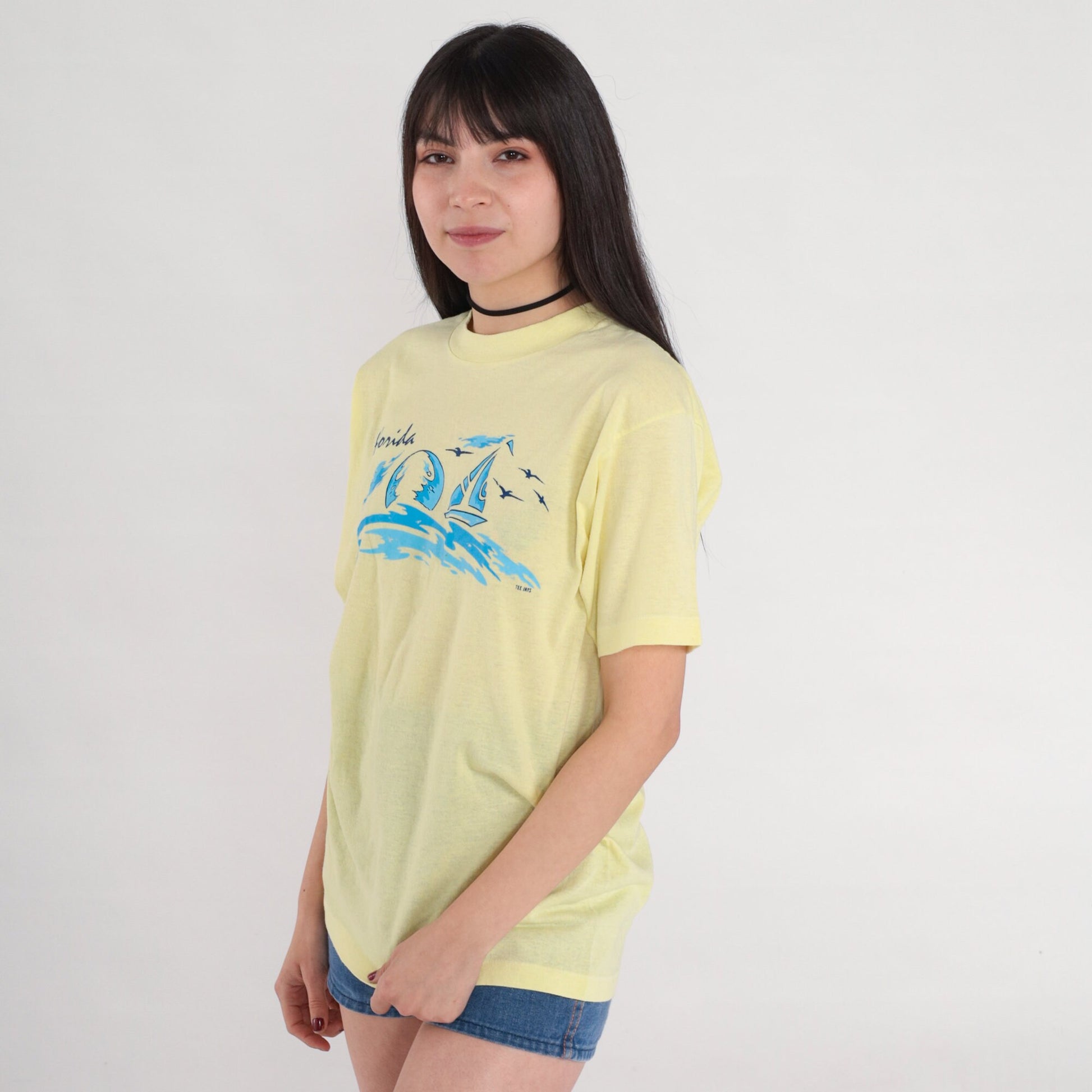 80s Florida Sailboat Graphic T-Shirt Yellow Single Stitch Tee Medium Large