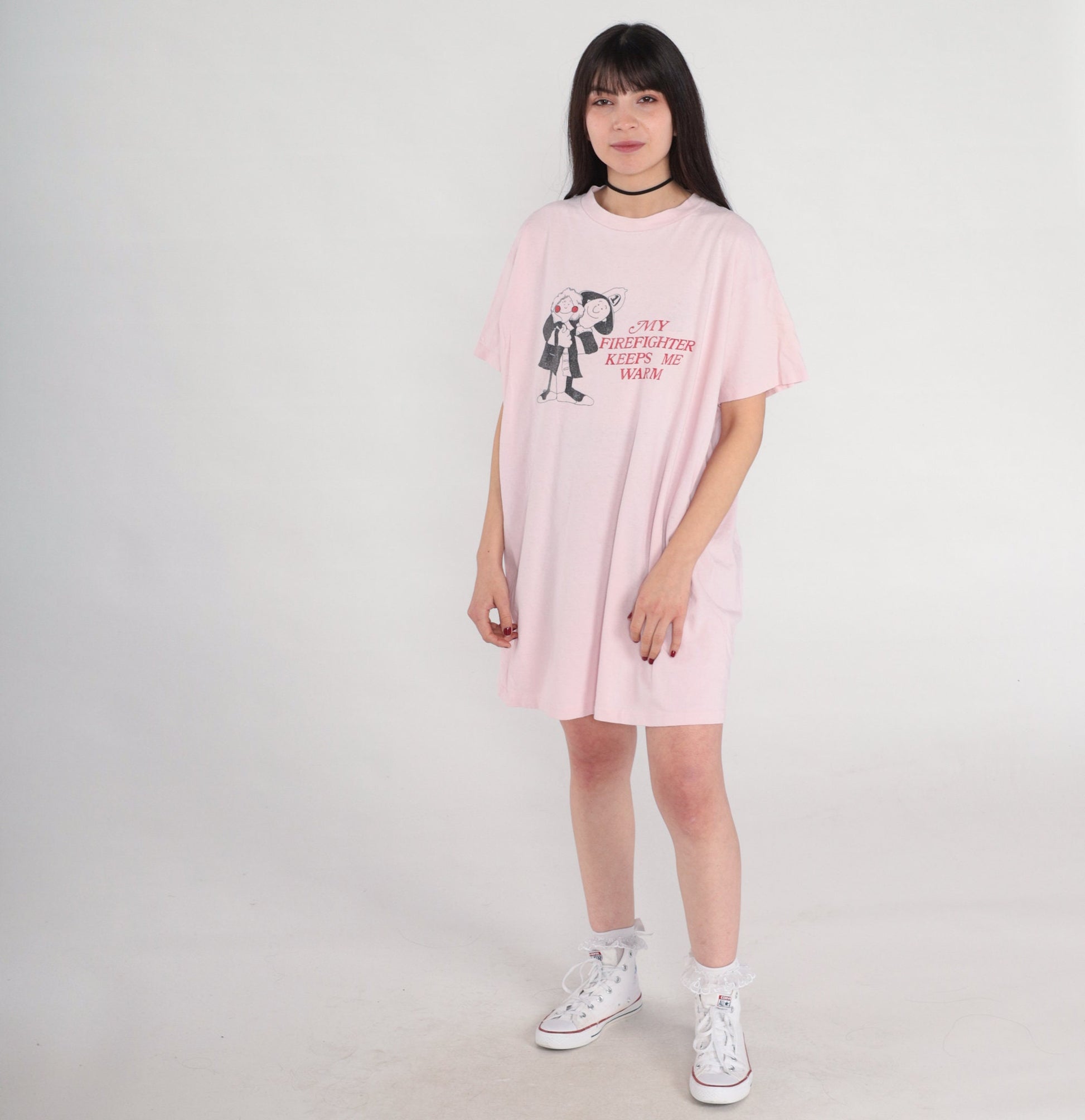 90s Firefighter Keeps Me Warm T-Shirt Dress Baby Pink Sleep Mini Cotton Small