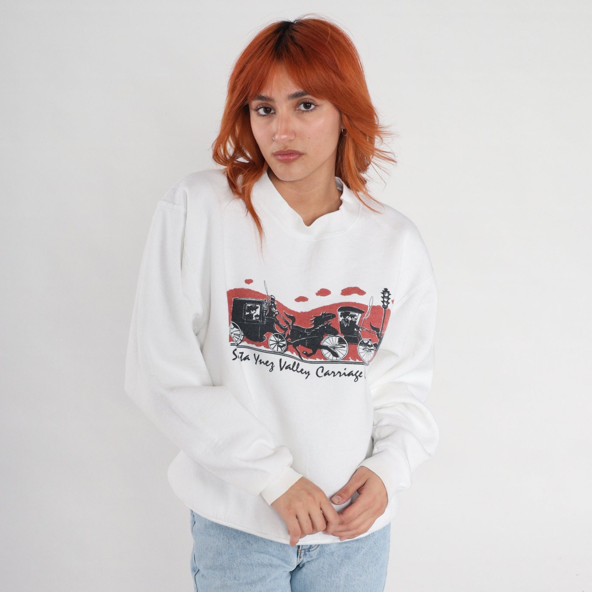 90s Santa Ynez Valley Carriage Classic Sweatshirt White Graphic Pullover Medium Large