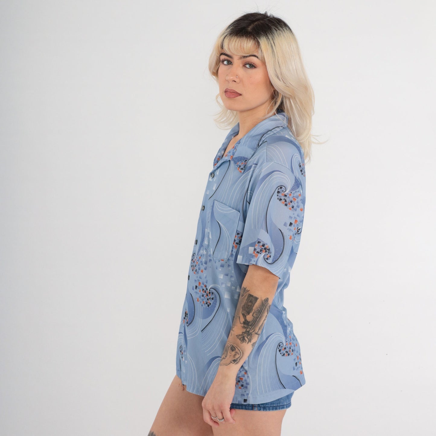 70s Blue Geometric Swirl Shirt Dagger Collar Button Up Short Sleeve Large
