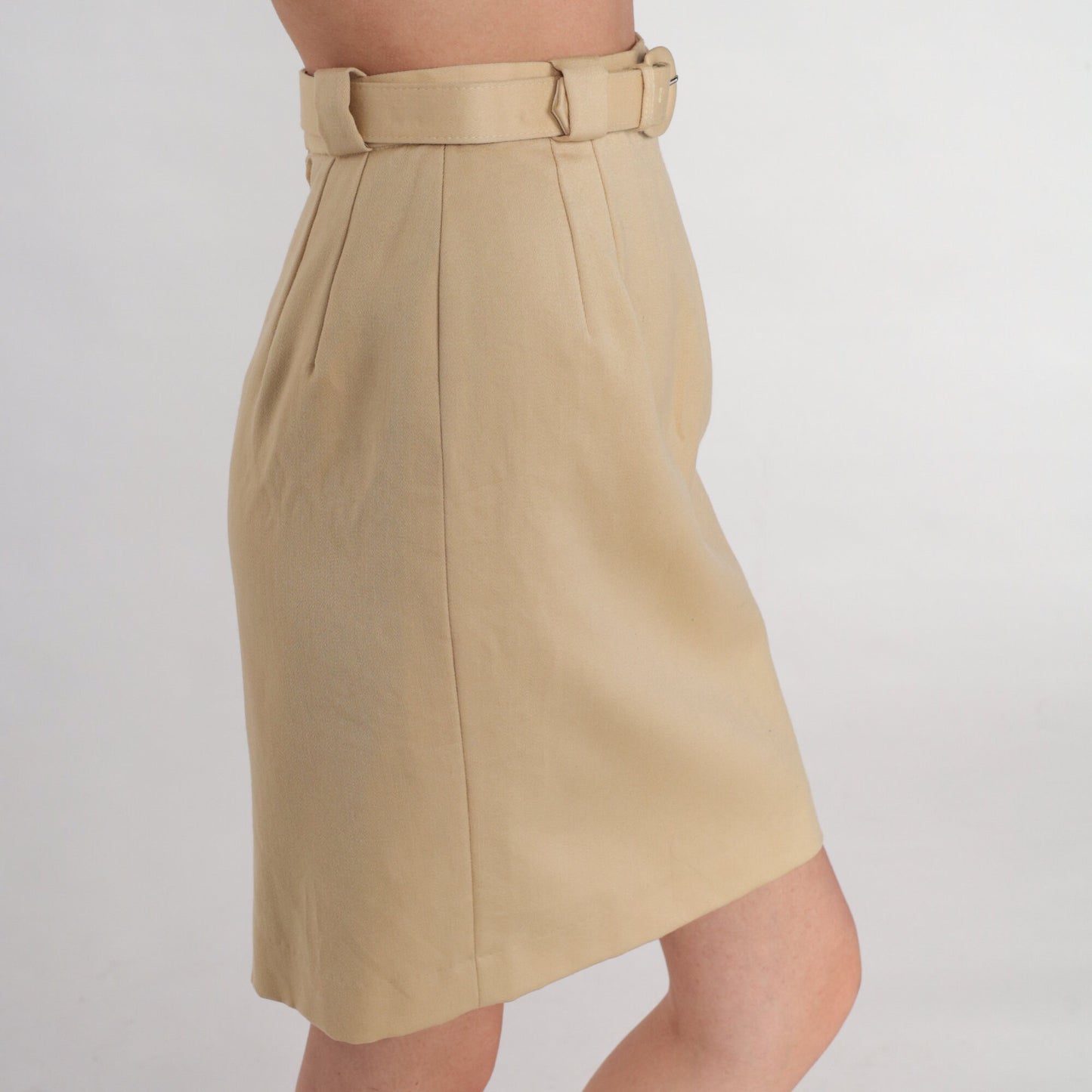 80s Tan Wool Pencil Skirt High Waisted Mini Attached Belt XXS