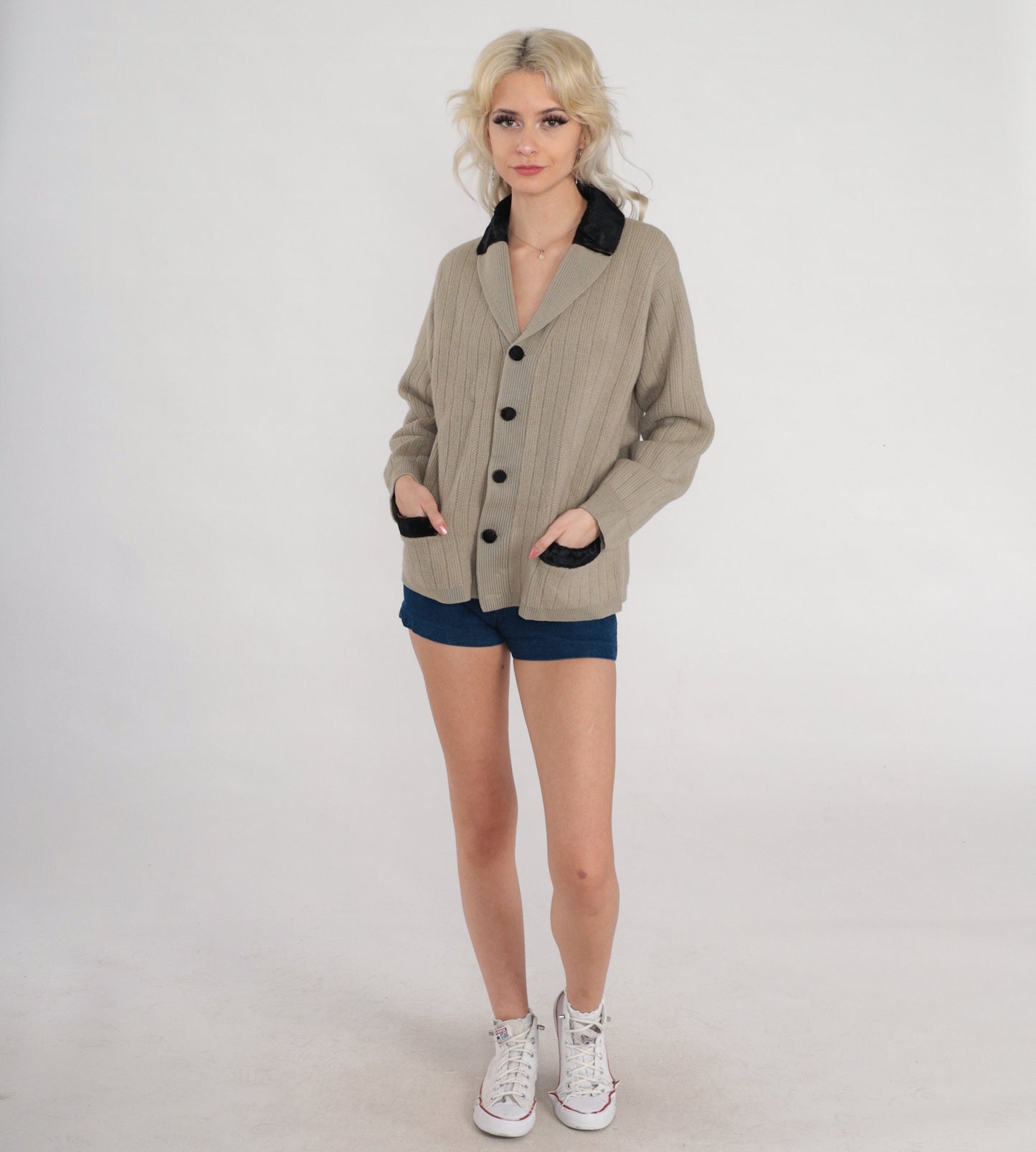 60s Taupe Wool Cardigan Leather Trim Shawl Collar Ribbed Knit Medium