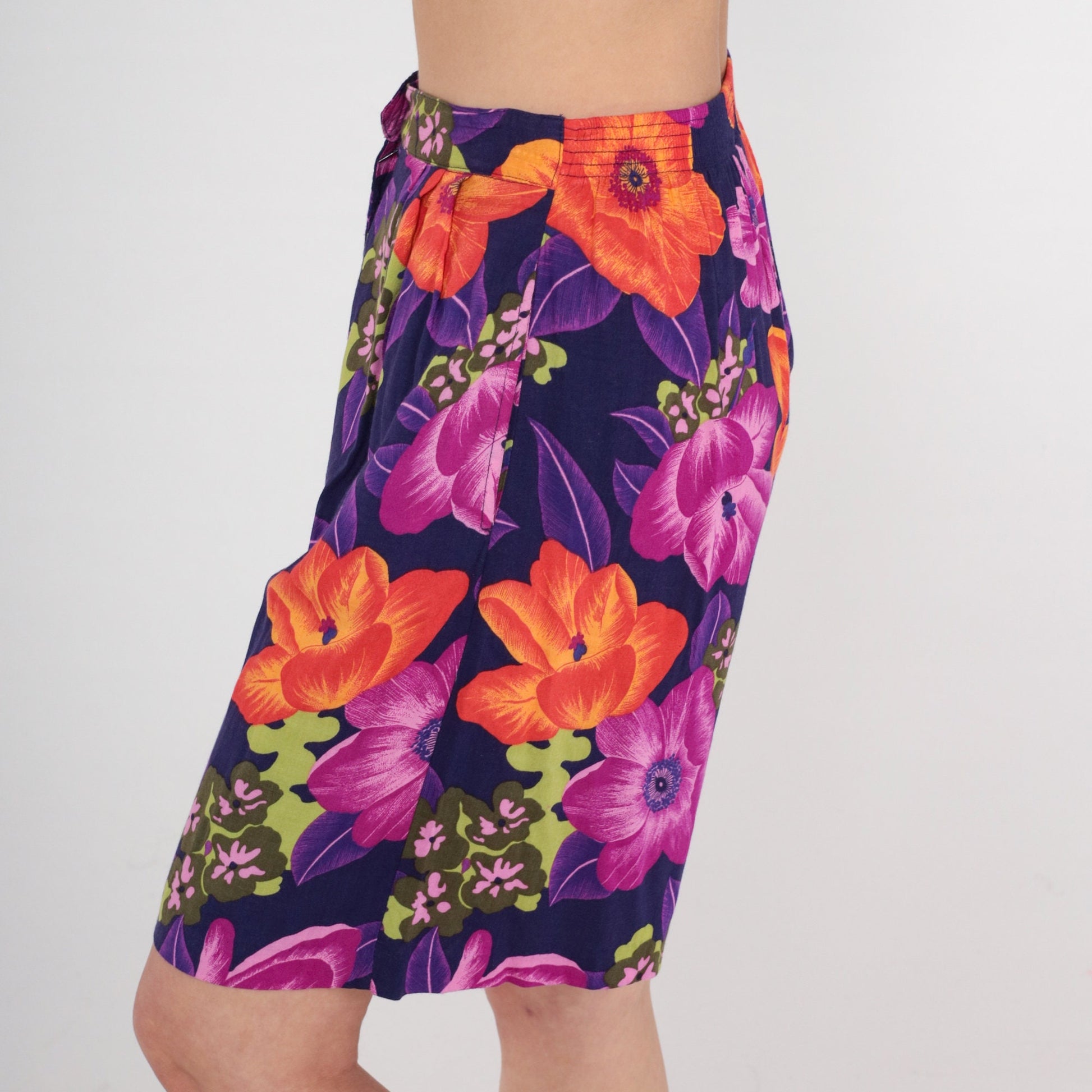 90s Tropical Floral High-Waist Shorts Purple Orange Rayon Medium