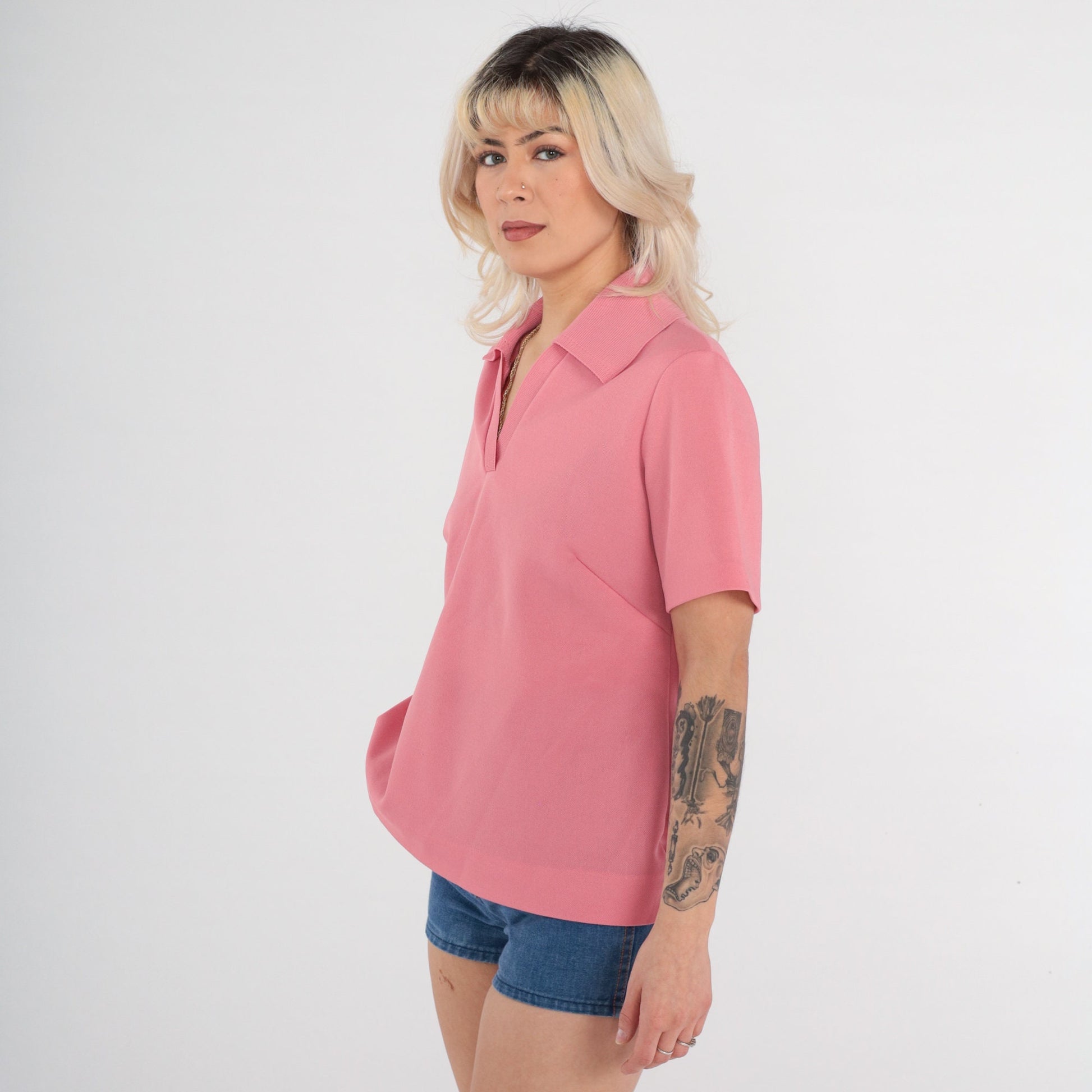 70s Pink Collared V-Neck Polo Shirt Short Sleeve Large L