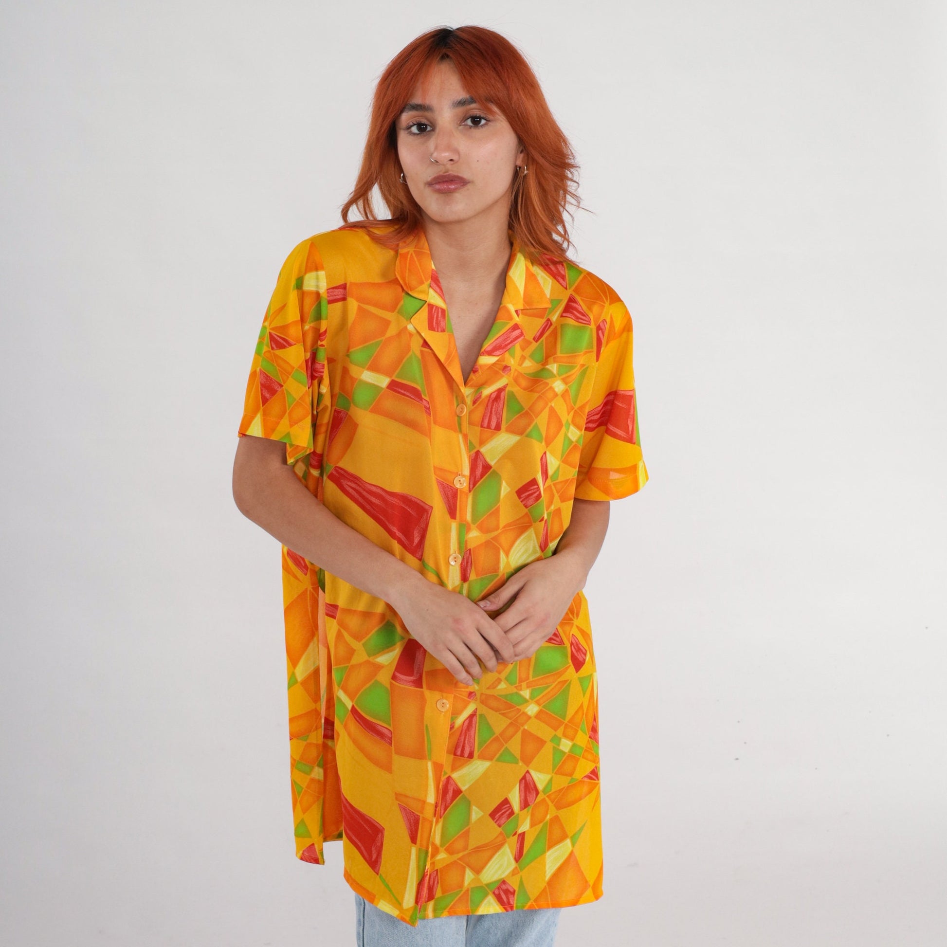 90s Yellow Geometric Mosaic Button Up Shirt Short Sleeve Blouse Extra Large