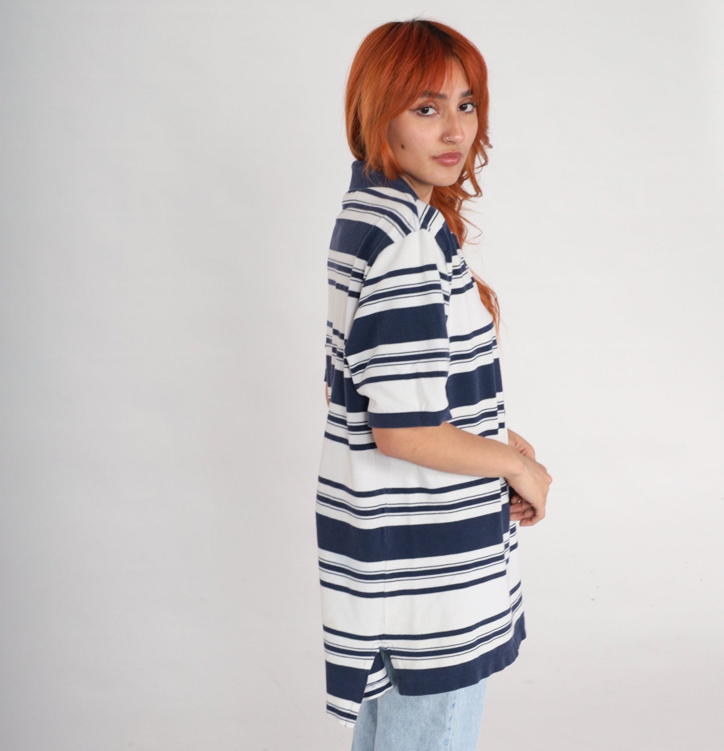 90s Polo Golf Ralph Lauren Striped Quarter-Button Shirt White Navy Men's Large