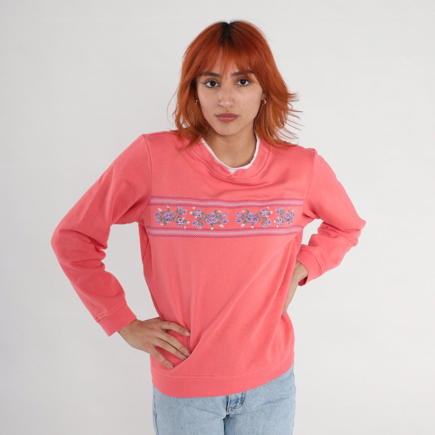 90s Salmon Pink Floral Embroidered Sweatshirt Double Collar Medium