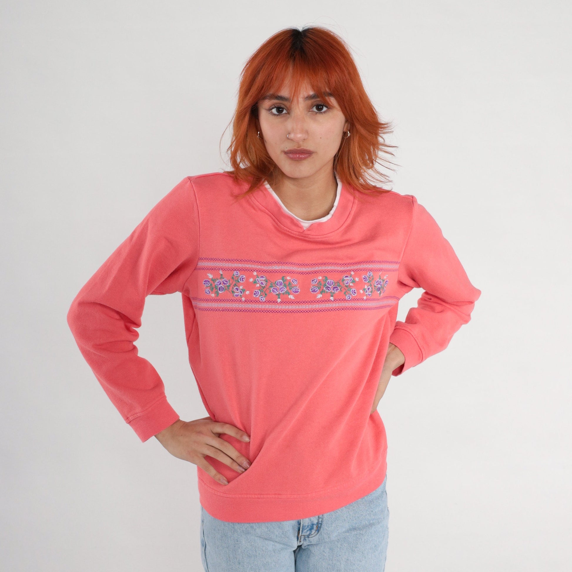 90s Salmon Pink Floral Embroidered Sweatshirt Double Collar Medium