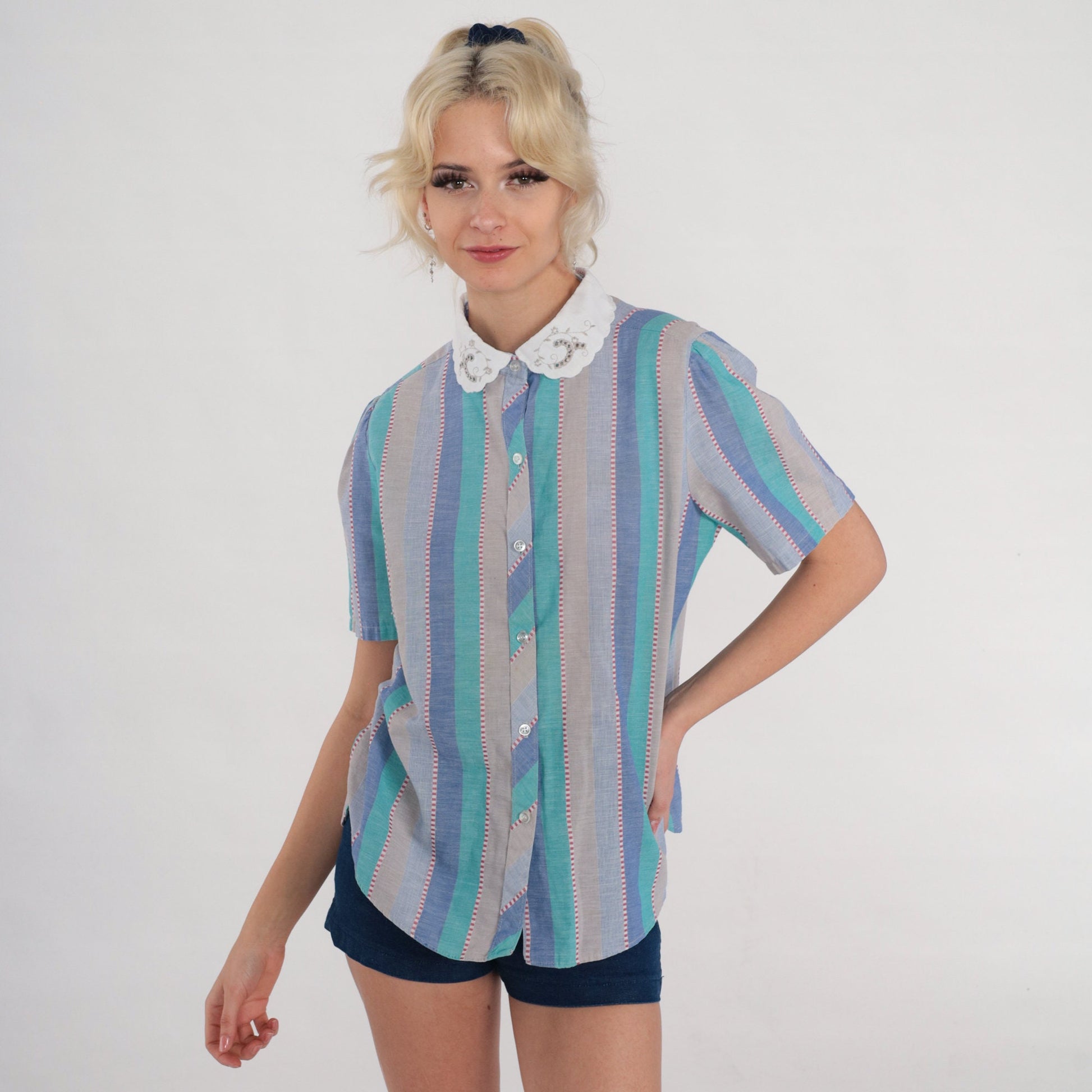 80s Striped Blouse Lace Collar Puff Sleeve Button Up Floral Embroidered Blue Green Medium